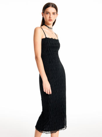 Knit Fabric Solid Stitch Lettuce Trim Midi Dress For Exhibition