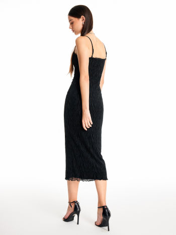 Knit Fabric Solid Stitch Lettuce Trim Midi Dress For Exhibition