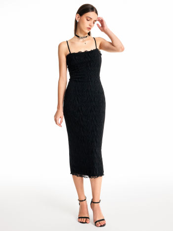 Knit Fabric Solid Stitch Lettuce Trim Midi Dress For Exhibition