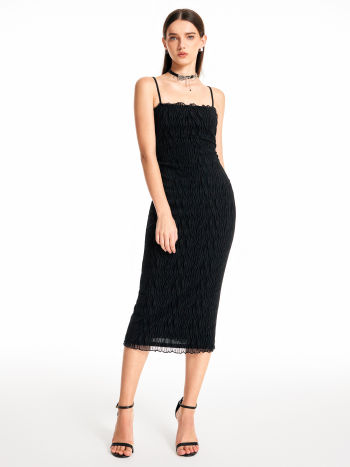 Knit Fabric Solid Stitch Lettuce Trim Midi Dress For Exhibition