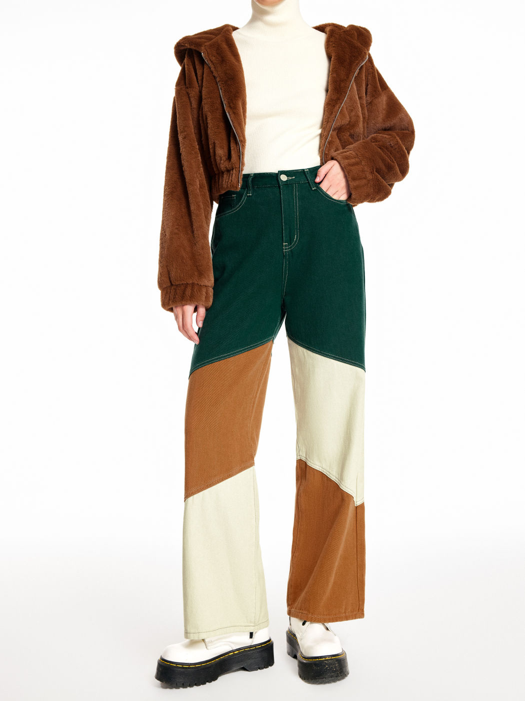 Denim Mid Rise Patchy Wide Leg Trousers