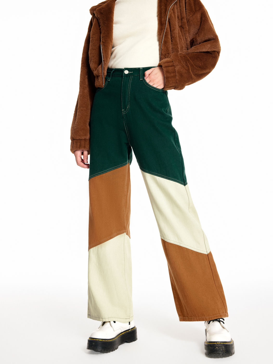 Denim Mid Rise Patchy Wide Leg Trousers