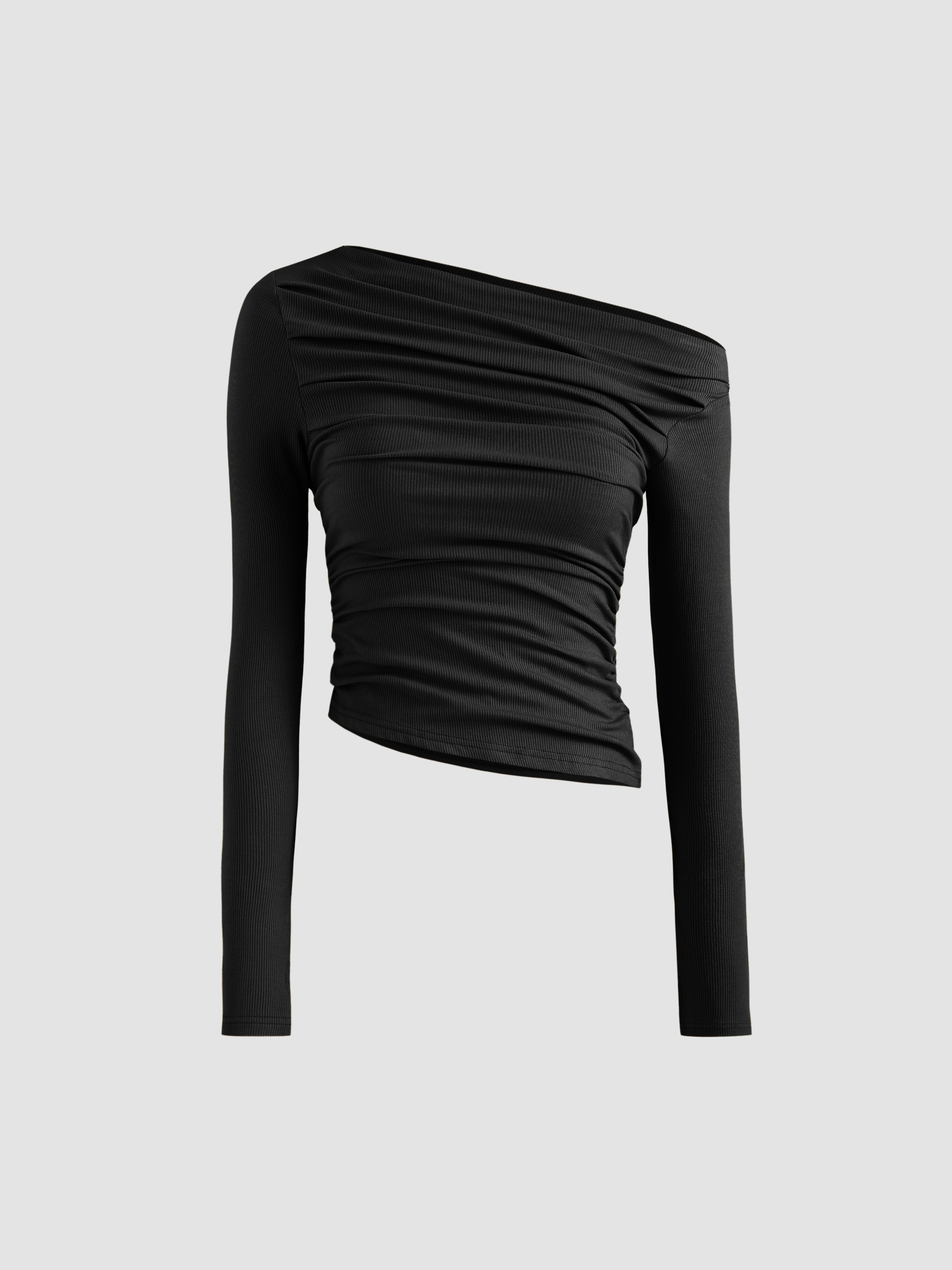 Solid Asymmetrical Neck Long Sleeve Top - Cider
