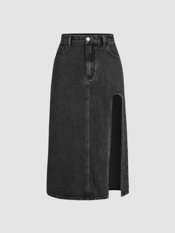 Denim Solid Split Midi Skirt