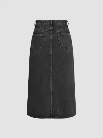 Denim Solid Split Midi Skirt
