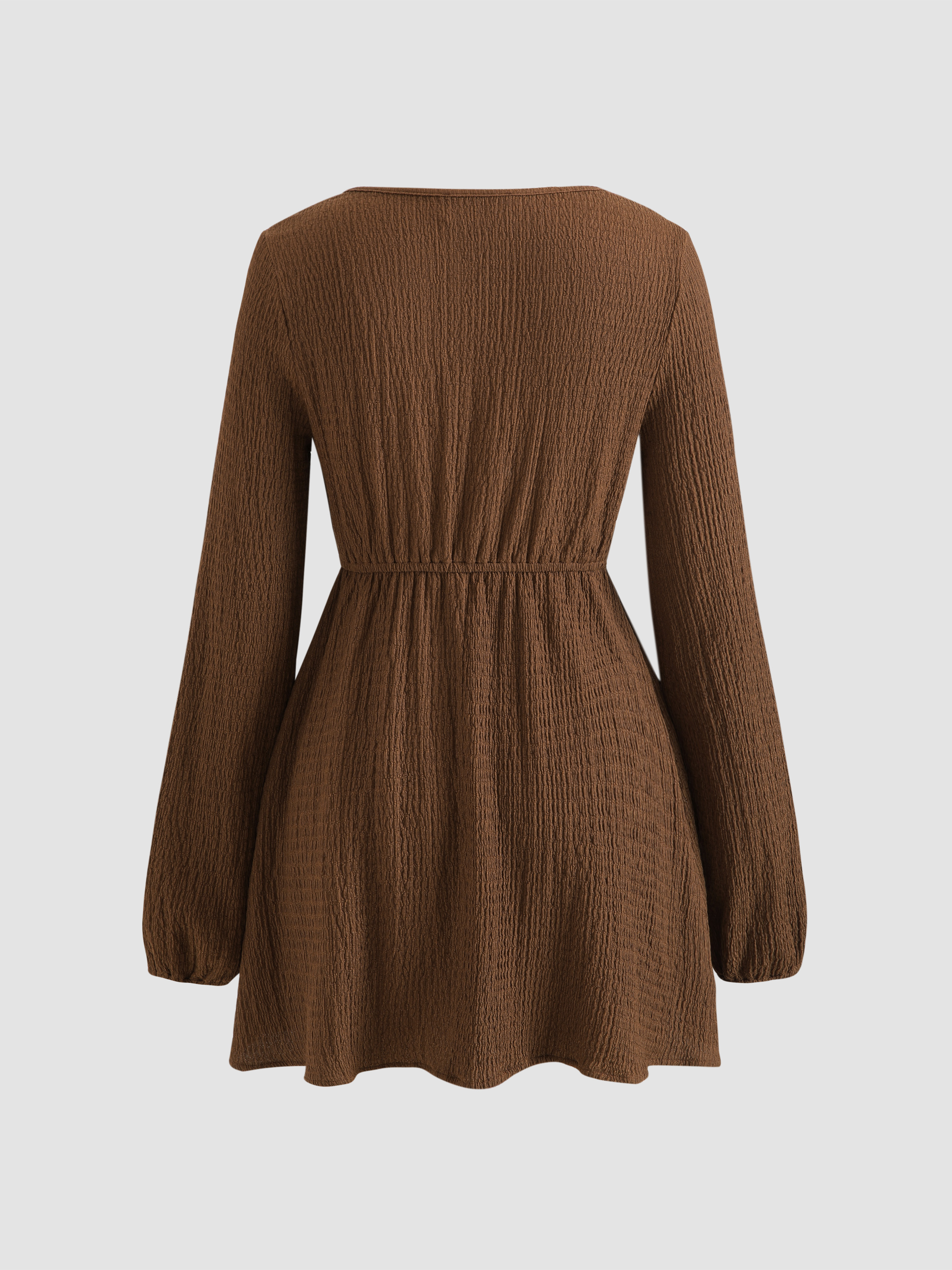 v neck print stitching wooden ear long sleeve mini dress Boho V-Neck Mini Dress  Long Sleeve Printed A-Line Empire Waist Dress