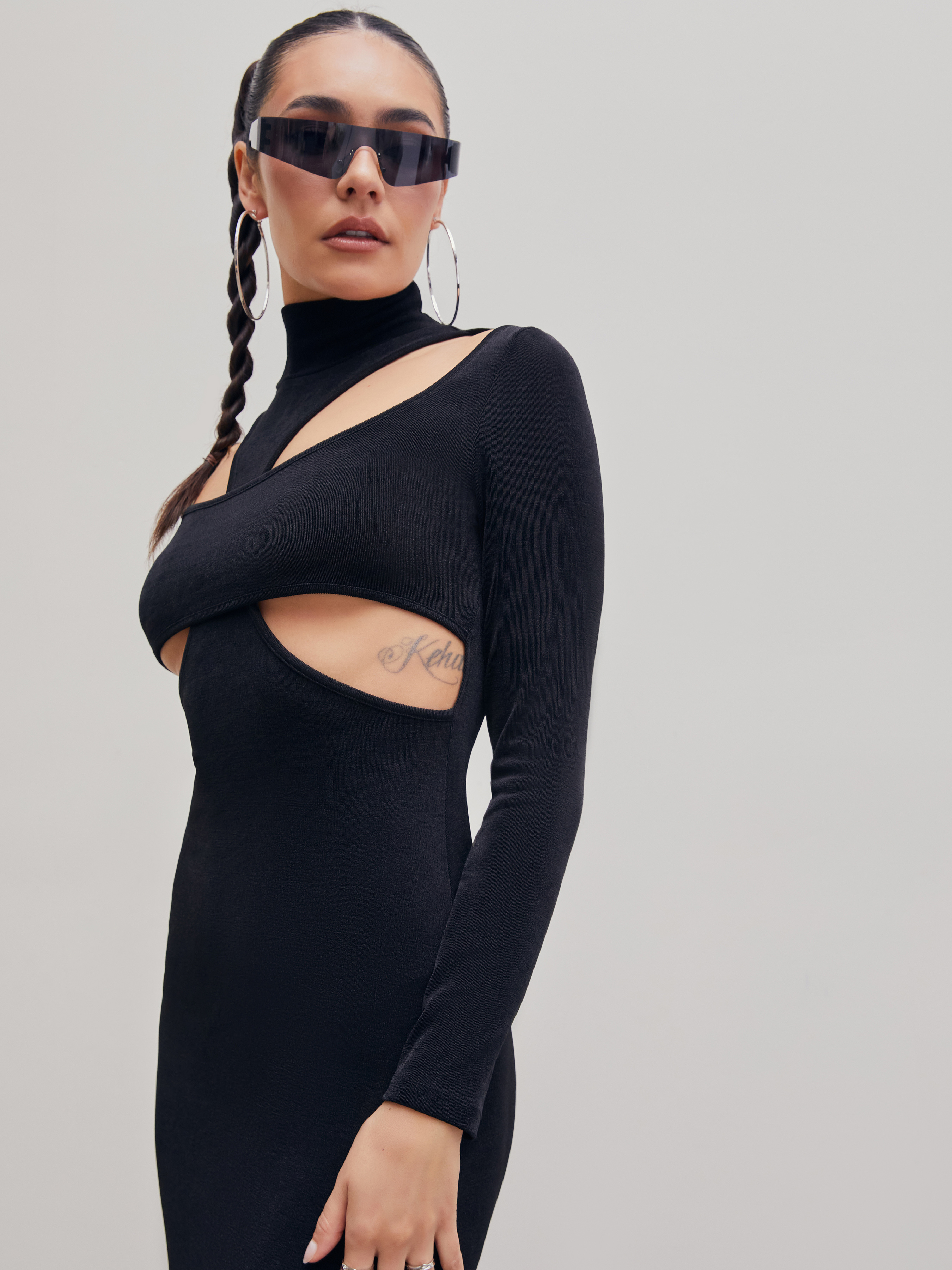 Solid Jersey Cut Out Long Sleeve Maxi Dress - Cider