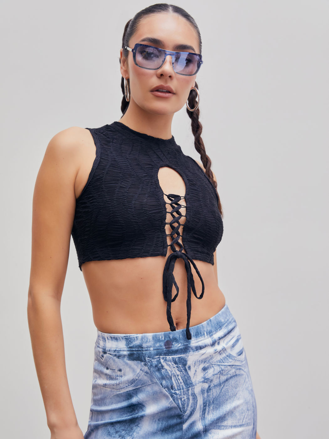  Schnür-Textur-Cami-Crop-Top
