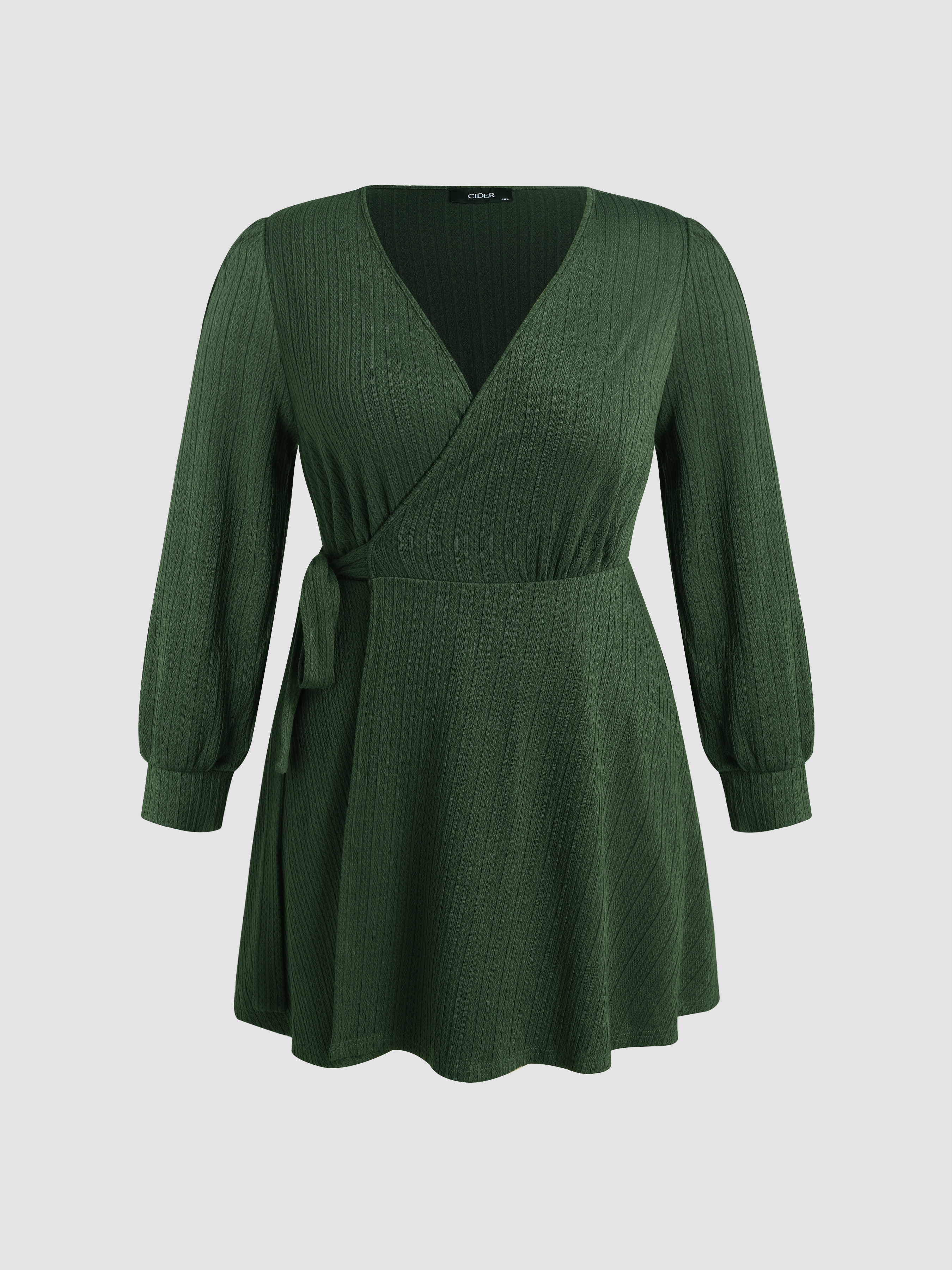 Knit Fabric Solid V-neck Belted Short Dress Curve & Plus For Exhibition  Coffee Shop Work