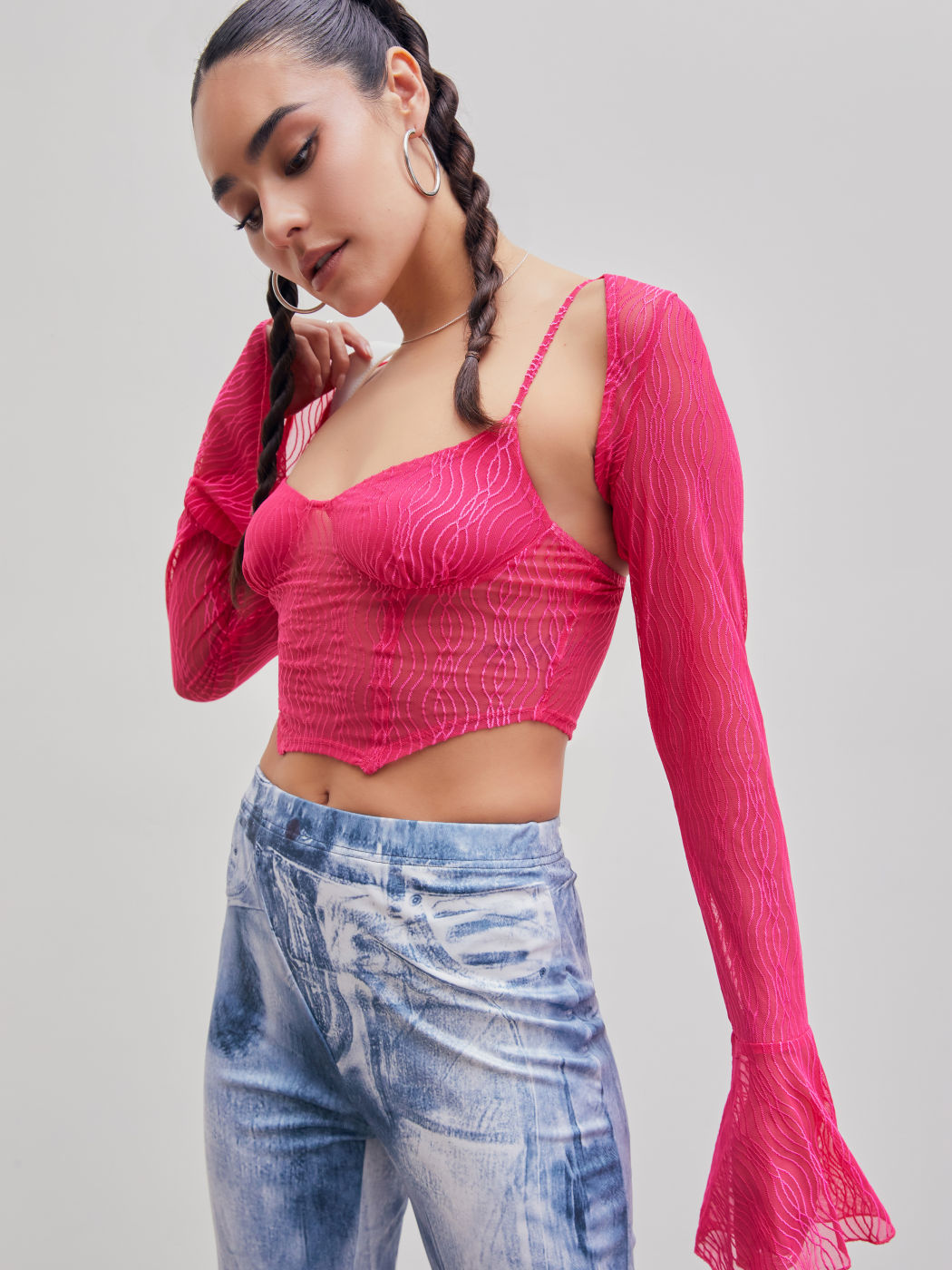  Spitze Lang Glockenärmel Crop Top