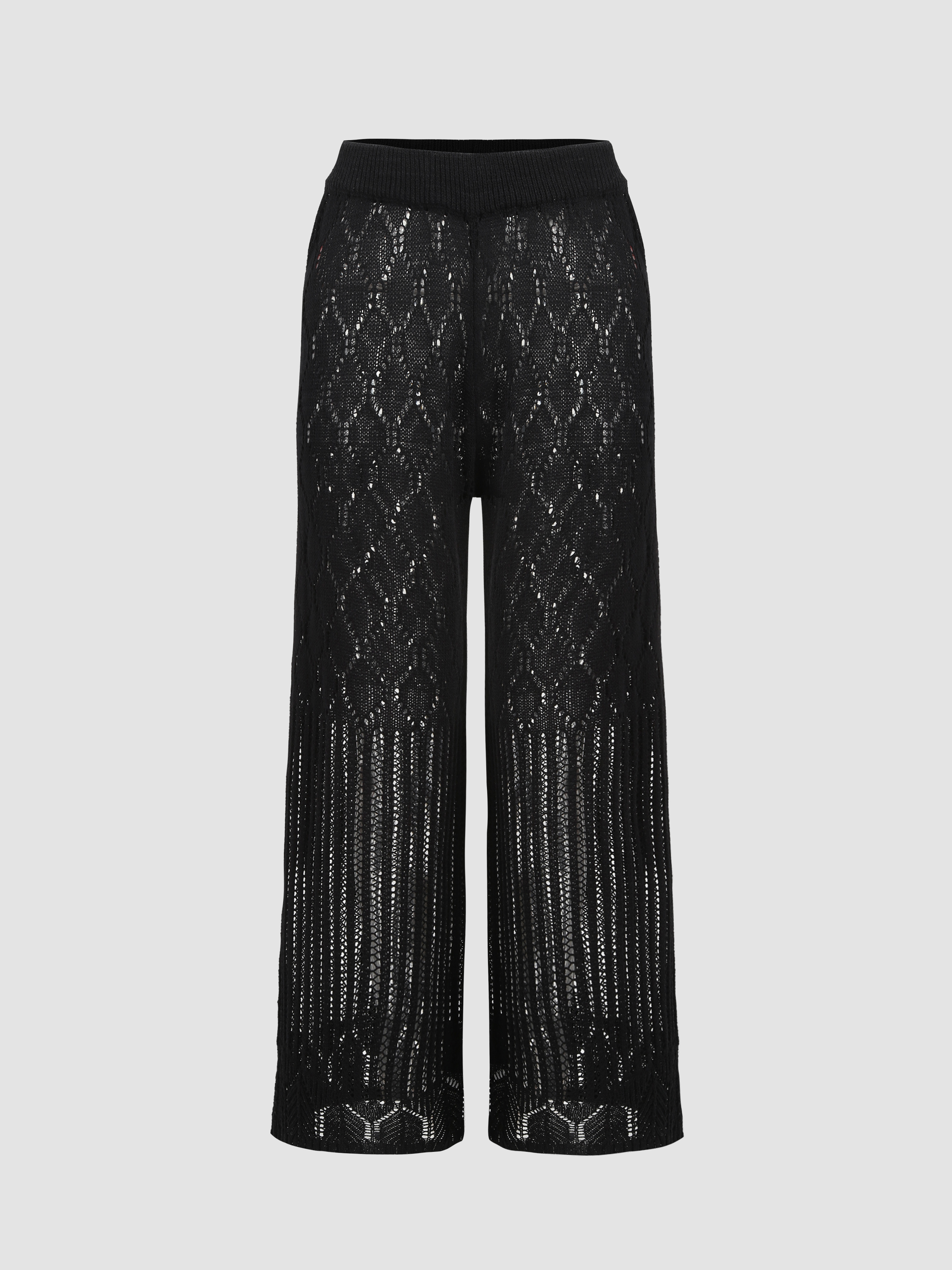 Solid Geometric Knitted Wide Leg Trousers - Cider