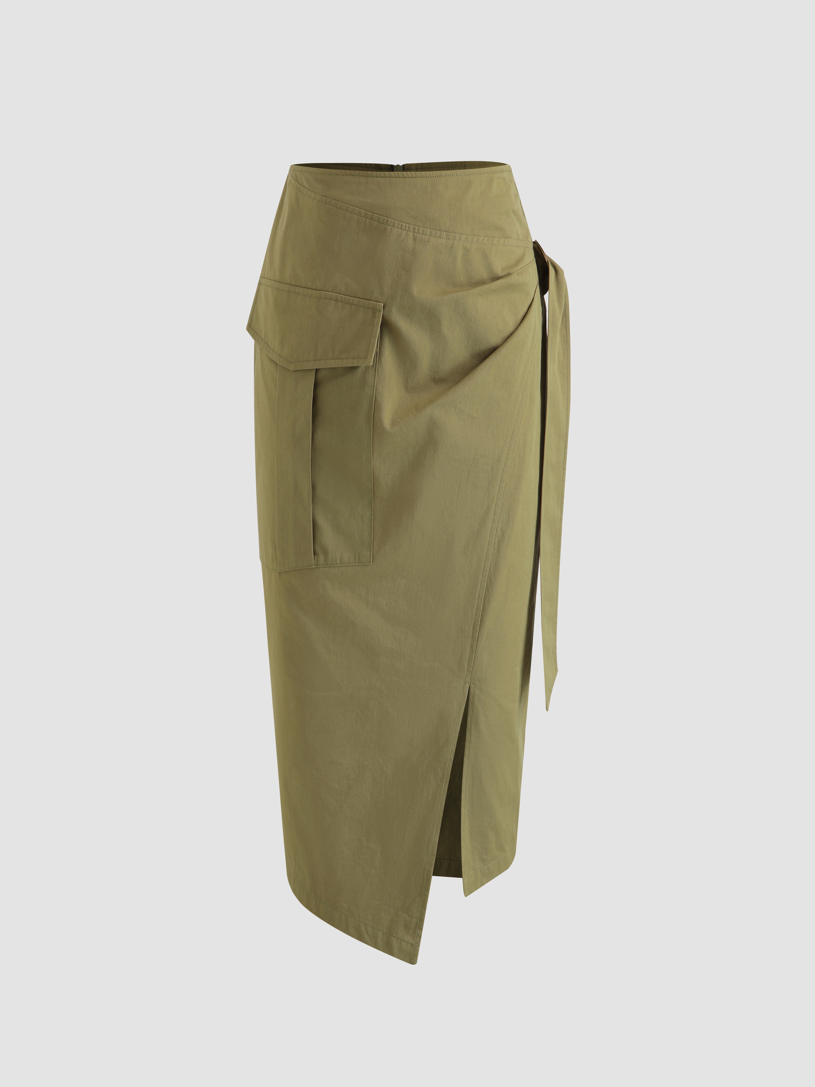 Woven Mid Waist Cargo Midi Slit Skirt For Daily Casual