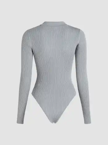 Solid Rib Zip Up Collar Knitted Bodysuit