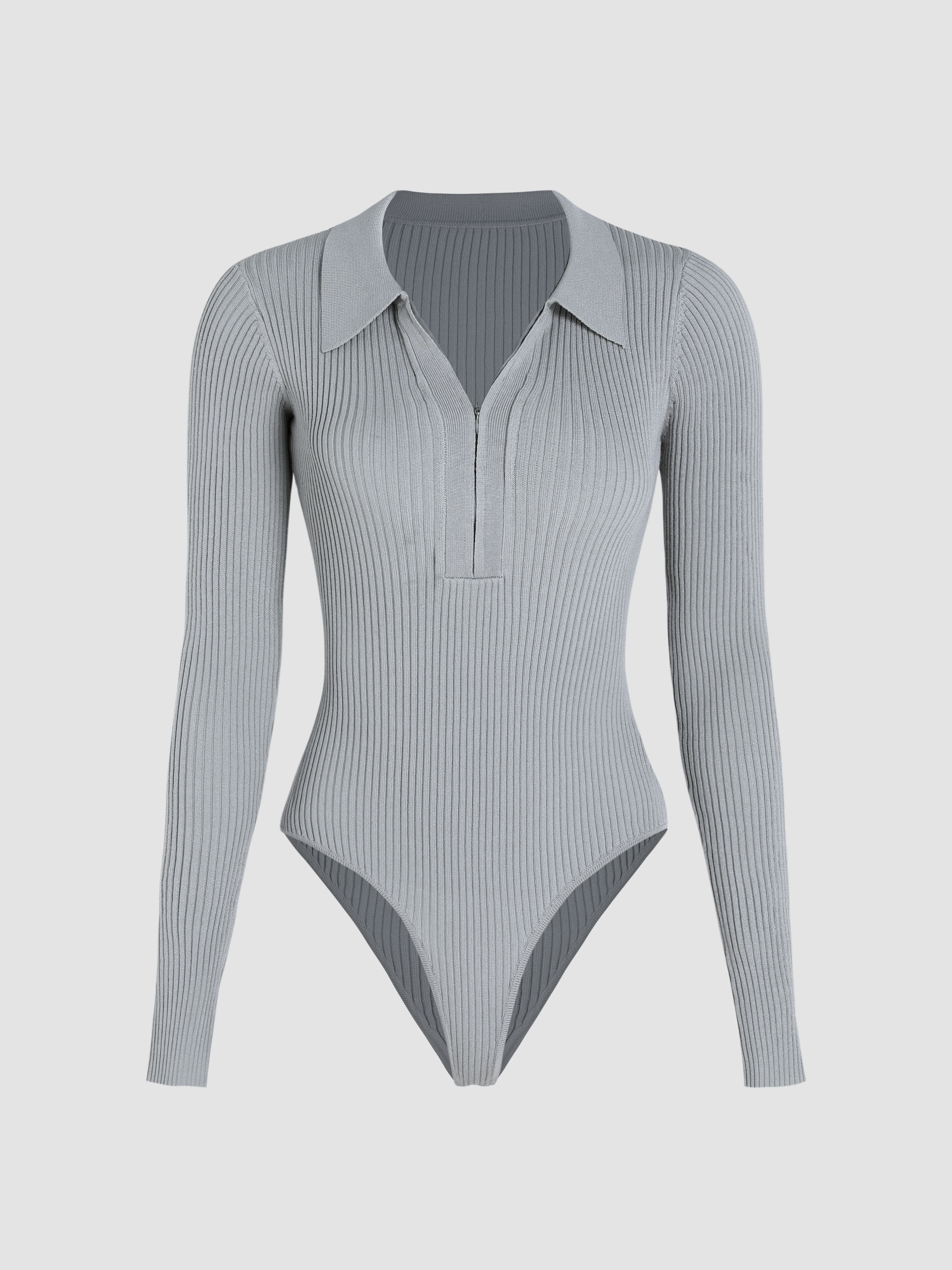 Solid Rib Zip Up Collar Knitted Bodysuit