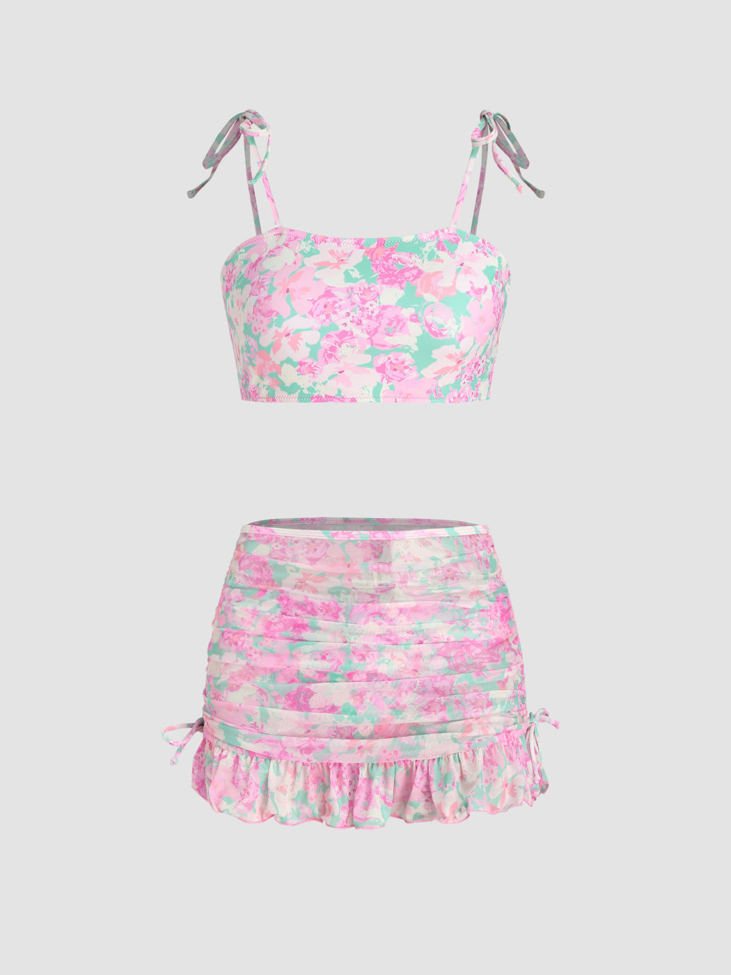 3pack Floral Bikini Swimsuit & Cover Up Skirt For Vacation Beach