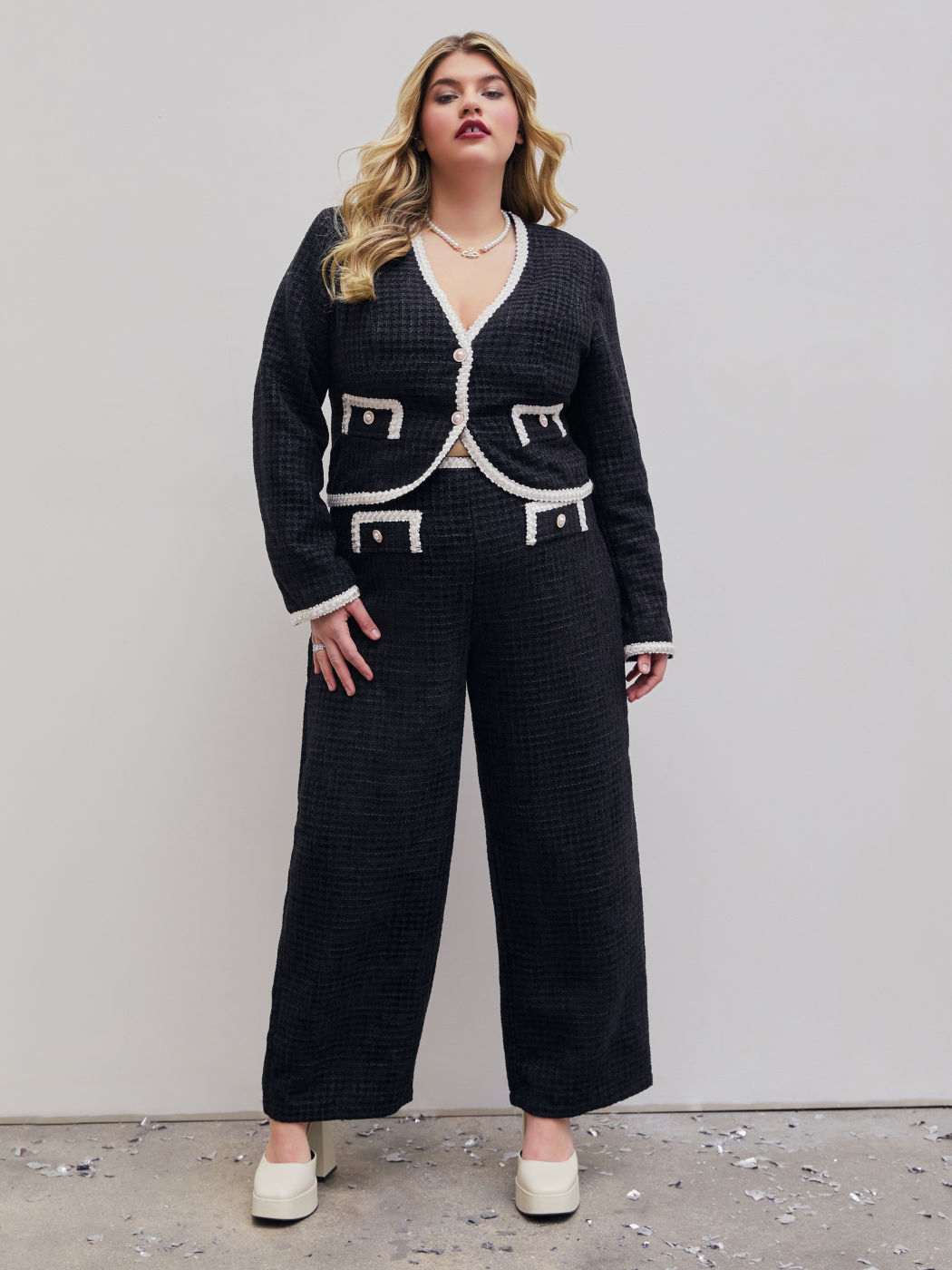 Tweed Contrasting Wide Leg Trousers Curve & Plus
