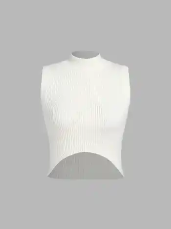  Einfarbiger Strick-Crop-Top mit Stehkragen