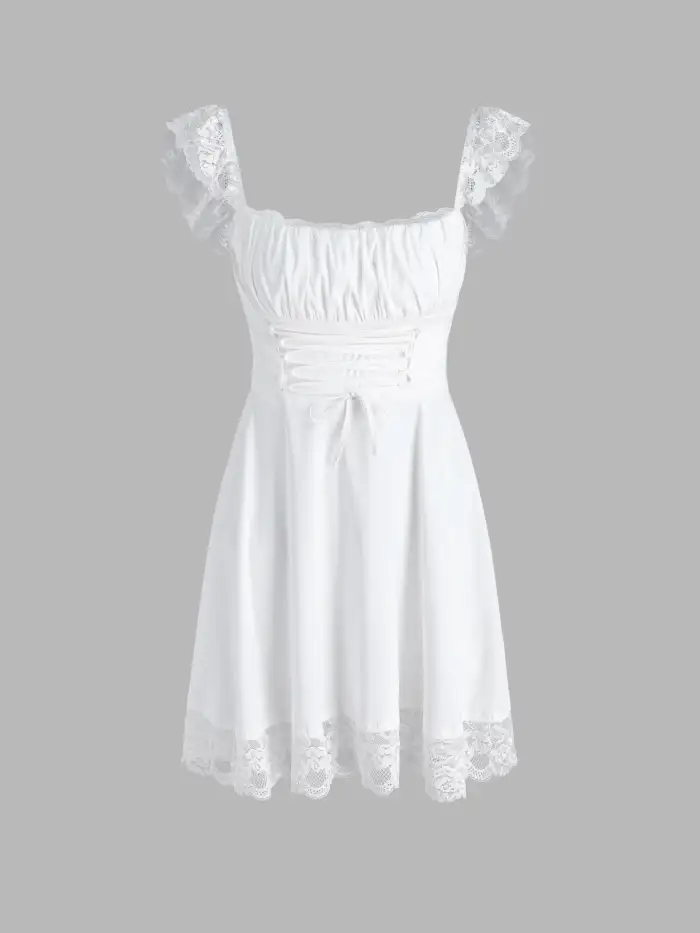 chinese dress ladies Solid Lace Trim Vneck Puff Sleeve Dress – Shop Karlie main image 0
