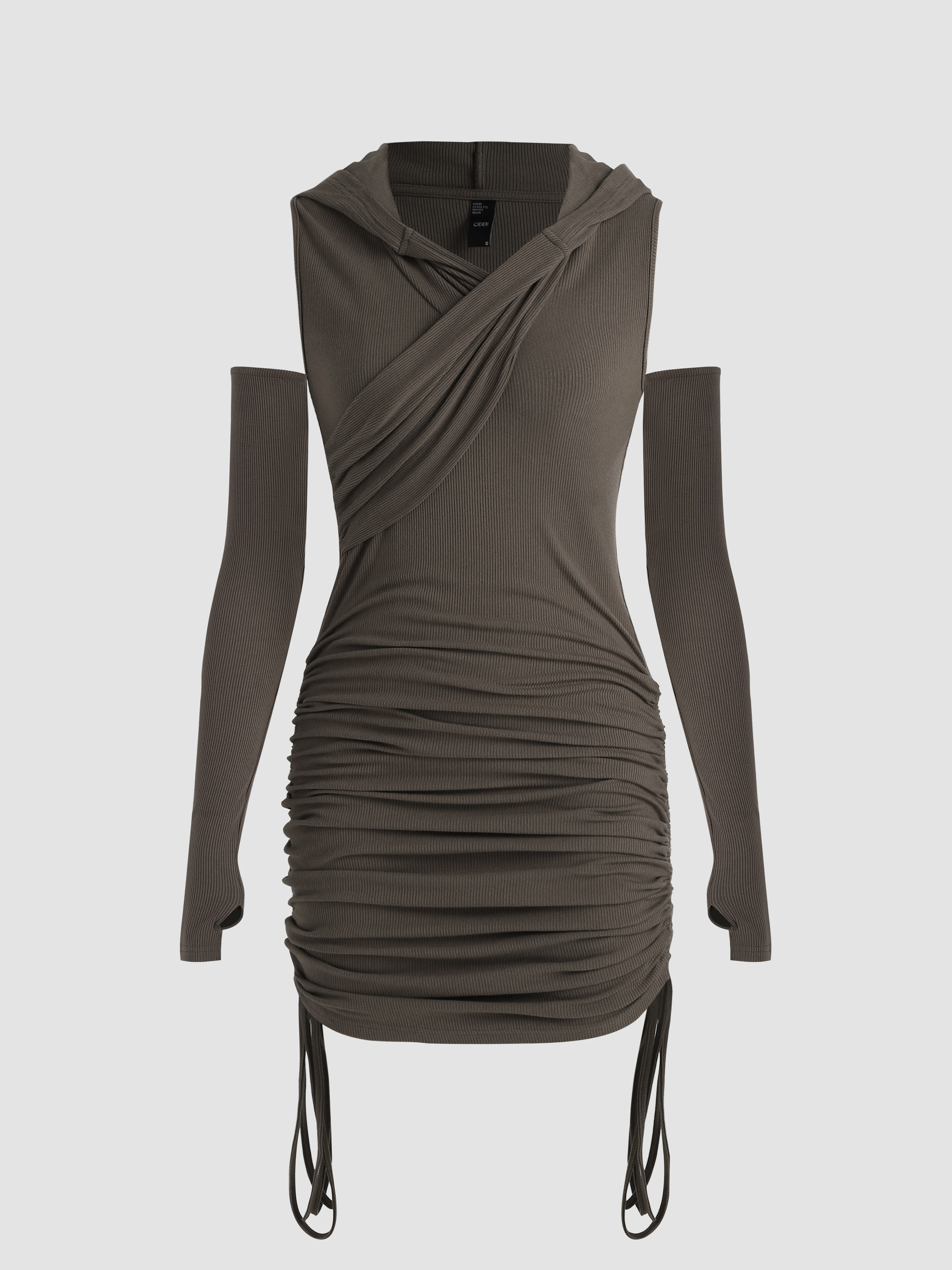 Solid Ruched Cut Out Hooded Mini Dress With Gloves Cider