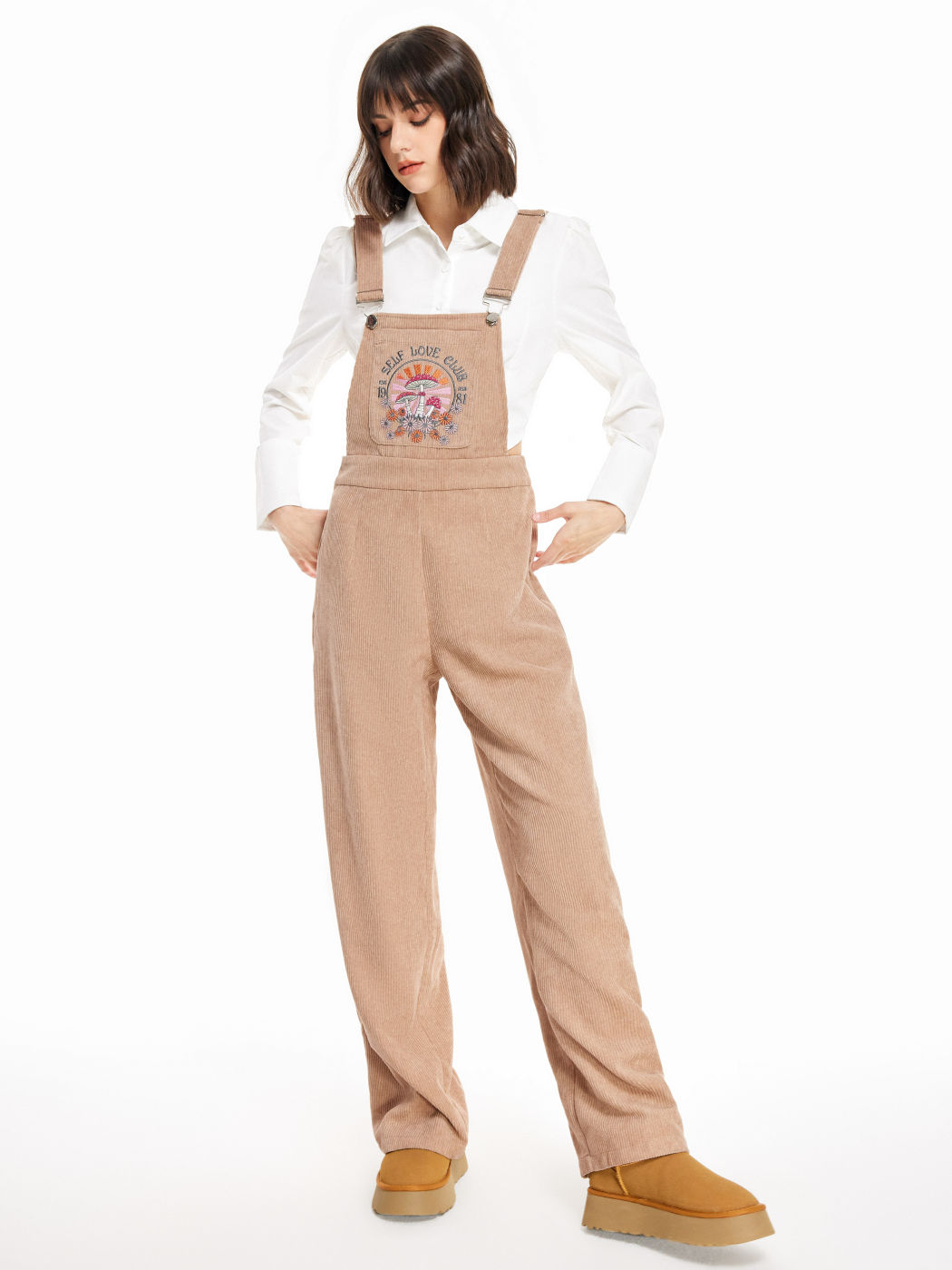 Corduroy Mushroom Pattern Pinafore Jumpsuit For School