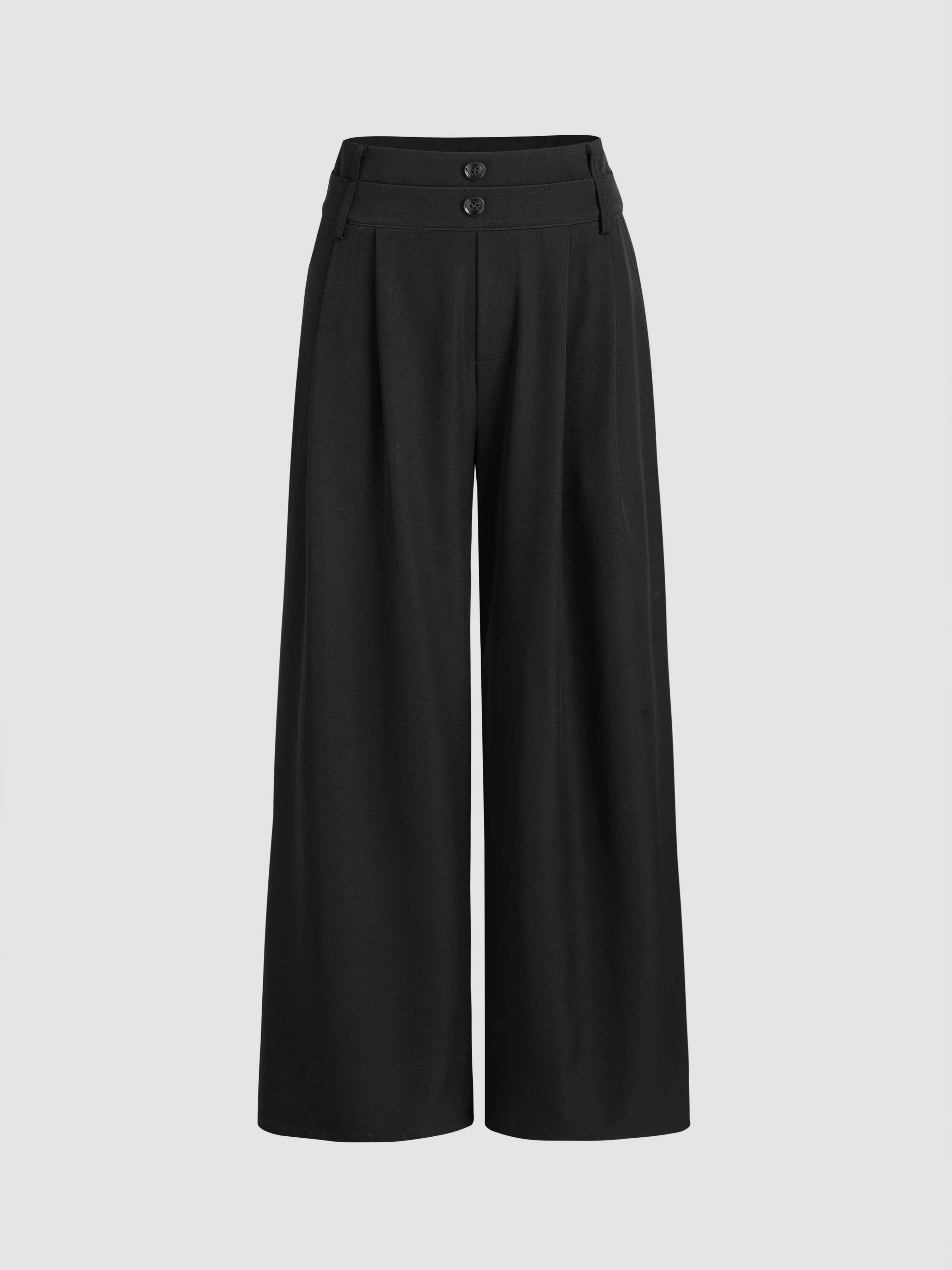 Woven Solid Double Waistband Button Wide Leg Trousers For