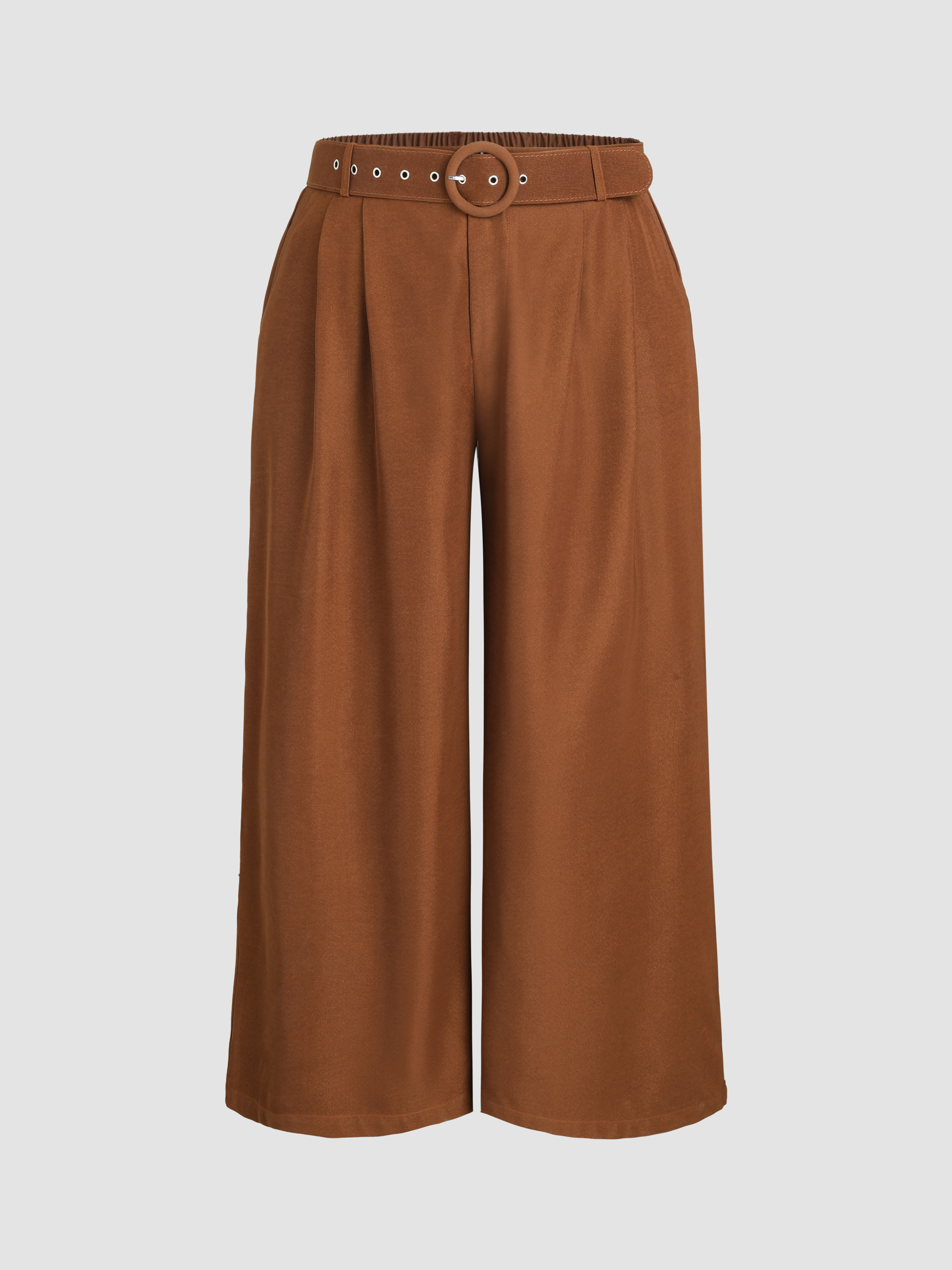 Woven Wide Leg Trousers With Belt Curve & Plus For Daily Casual Work