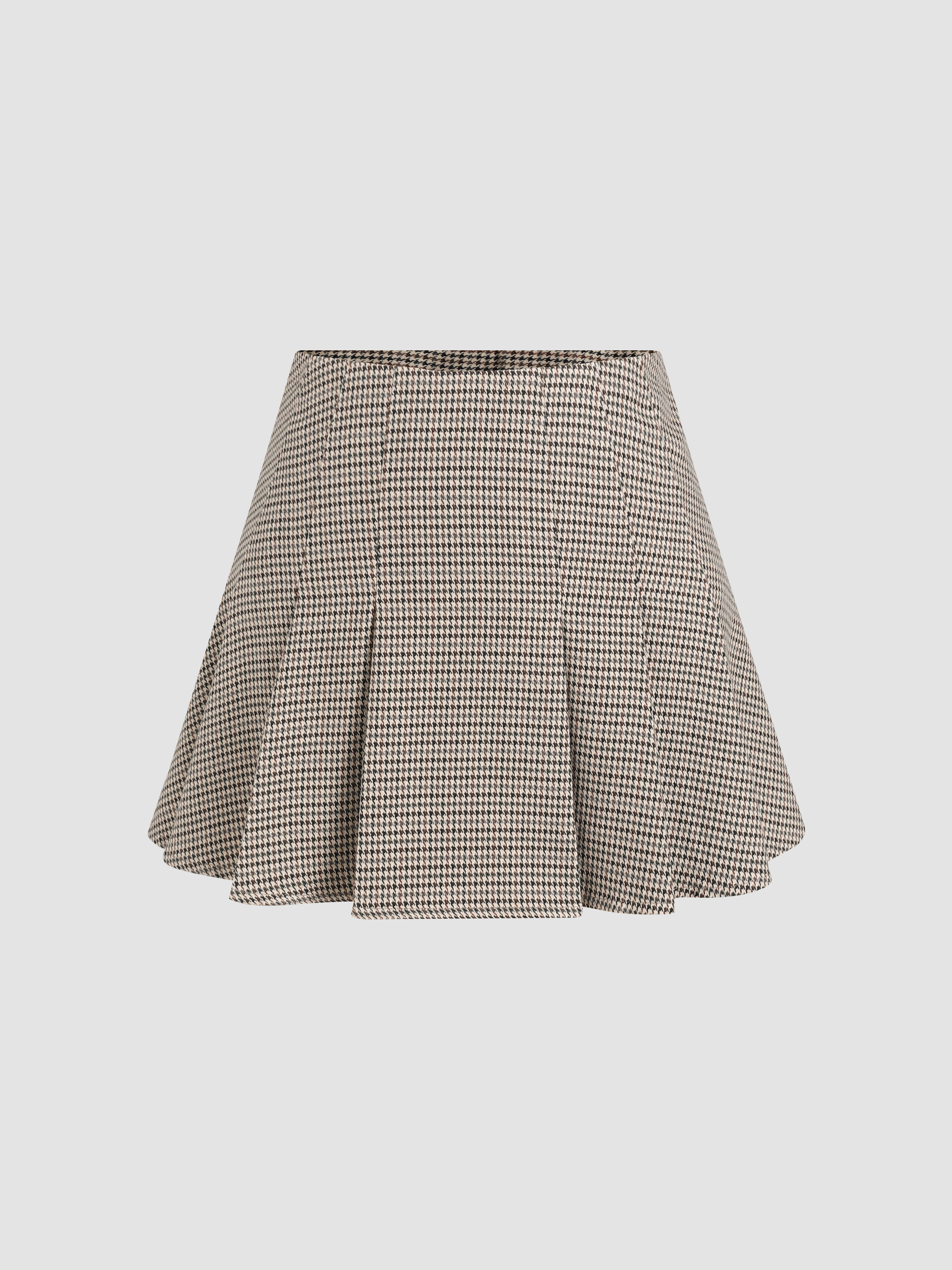 Houndstooth High Waist Mini Pleated Skirt - Cider