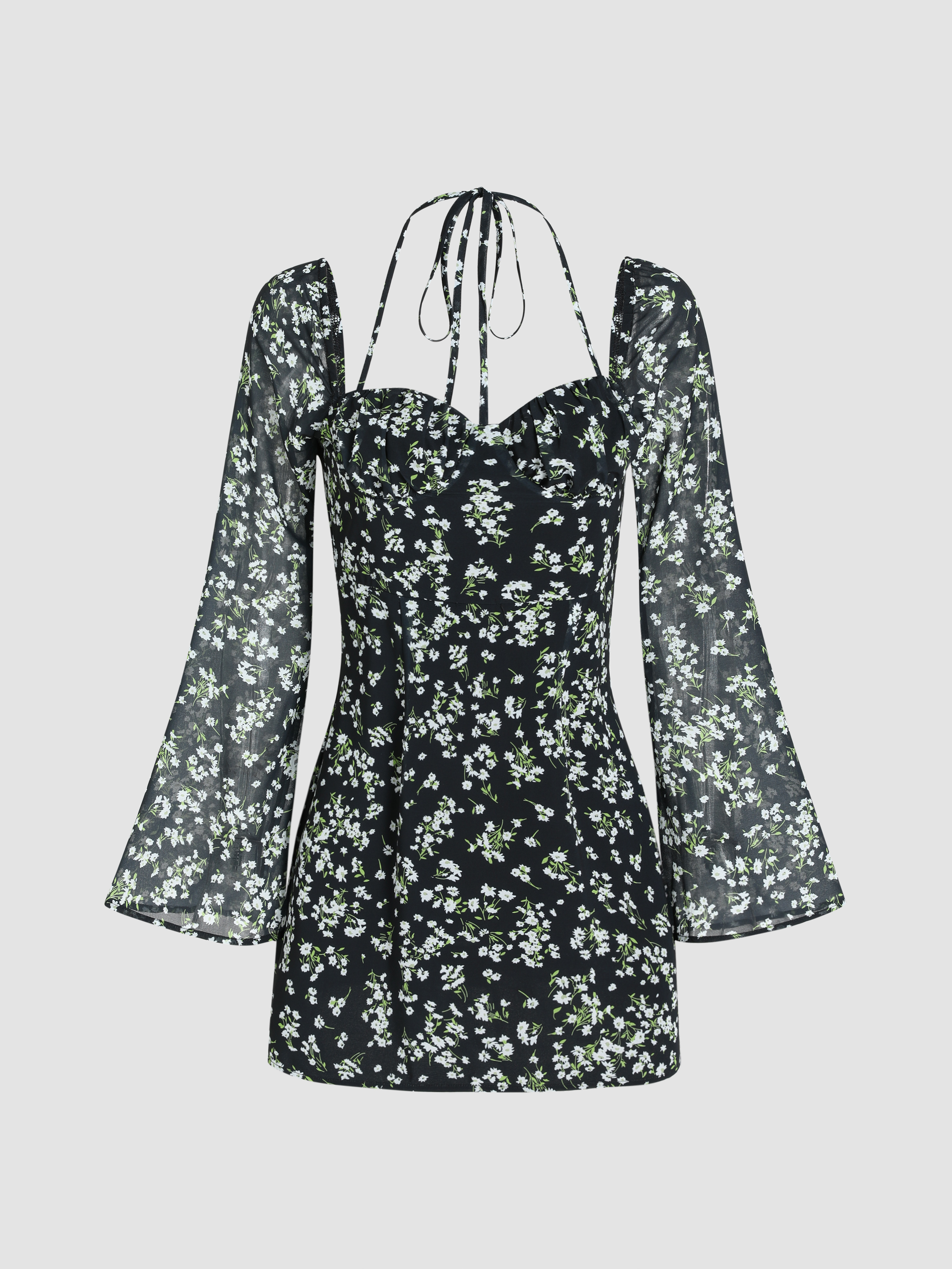 Floral Knotted Lace Bell Sleeve Mini Dress - Cider