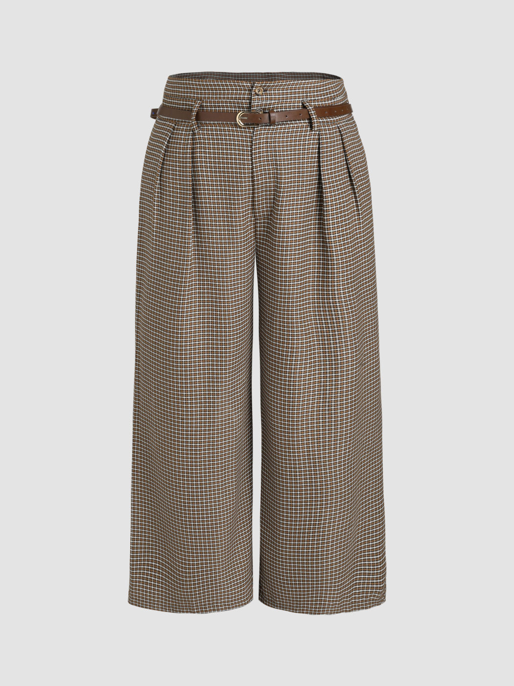 Houndstooth Mid Waist Belted Wide Leg Trousers Curve & Plus