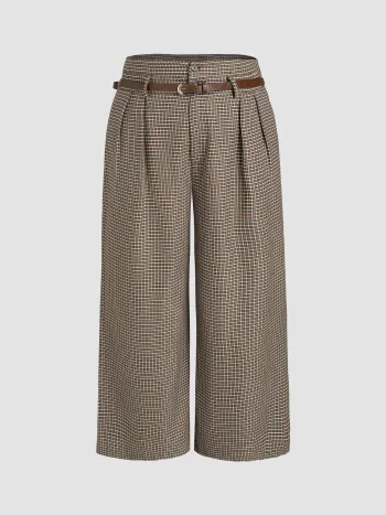 Houndstooth Mid Waist Belted Wide Leg Trousers Curve & Plus