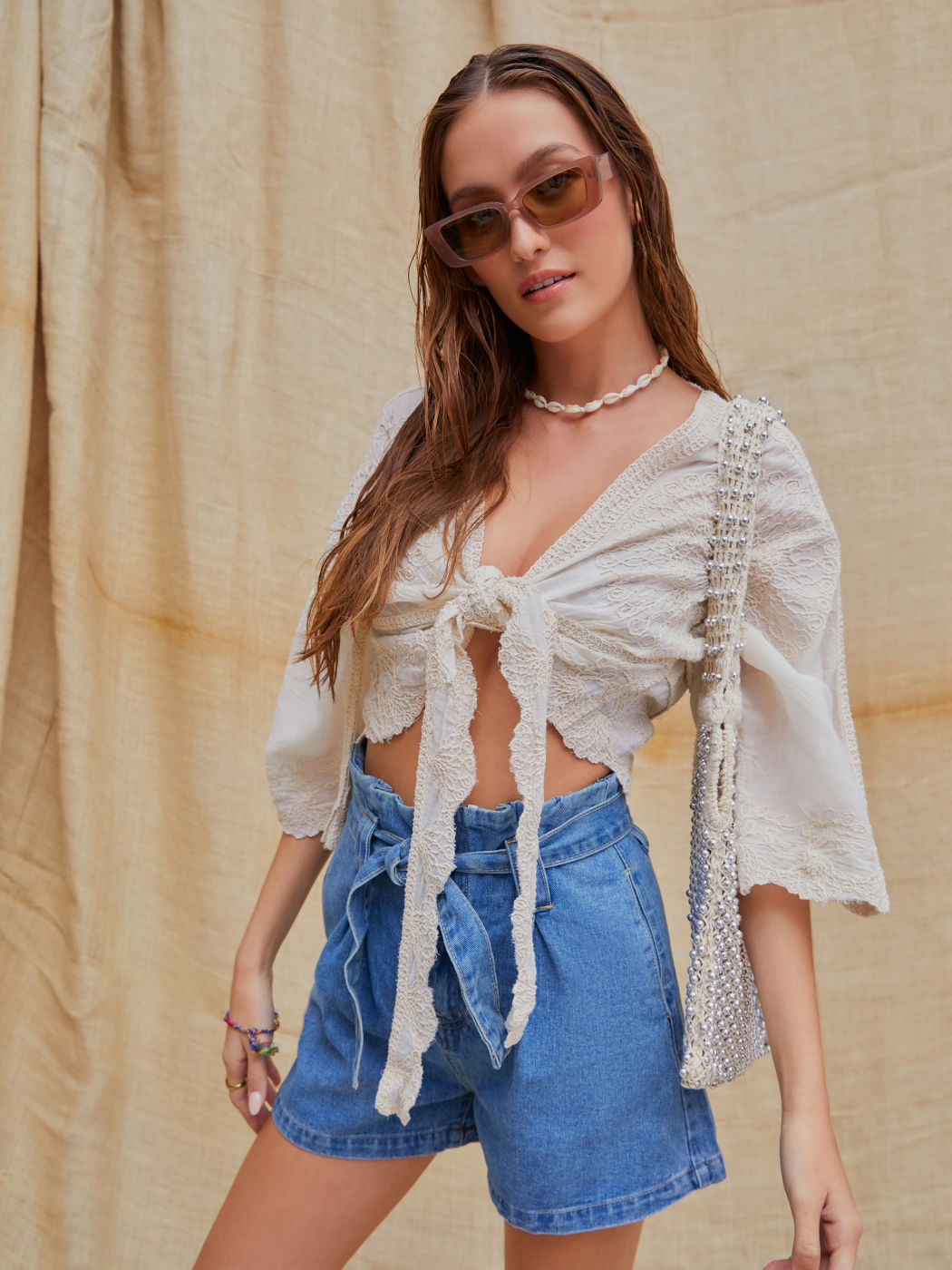 Boho-Tie-Front besticktes Top