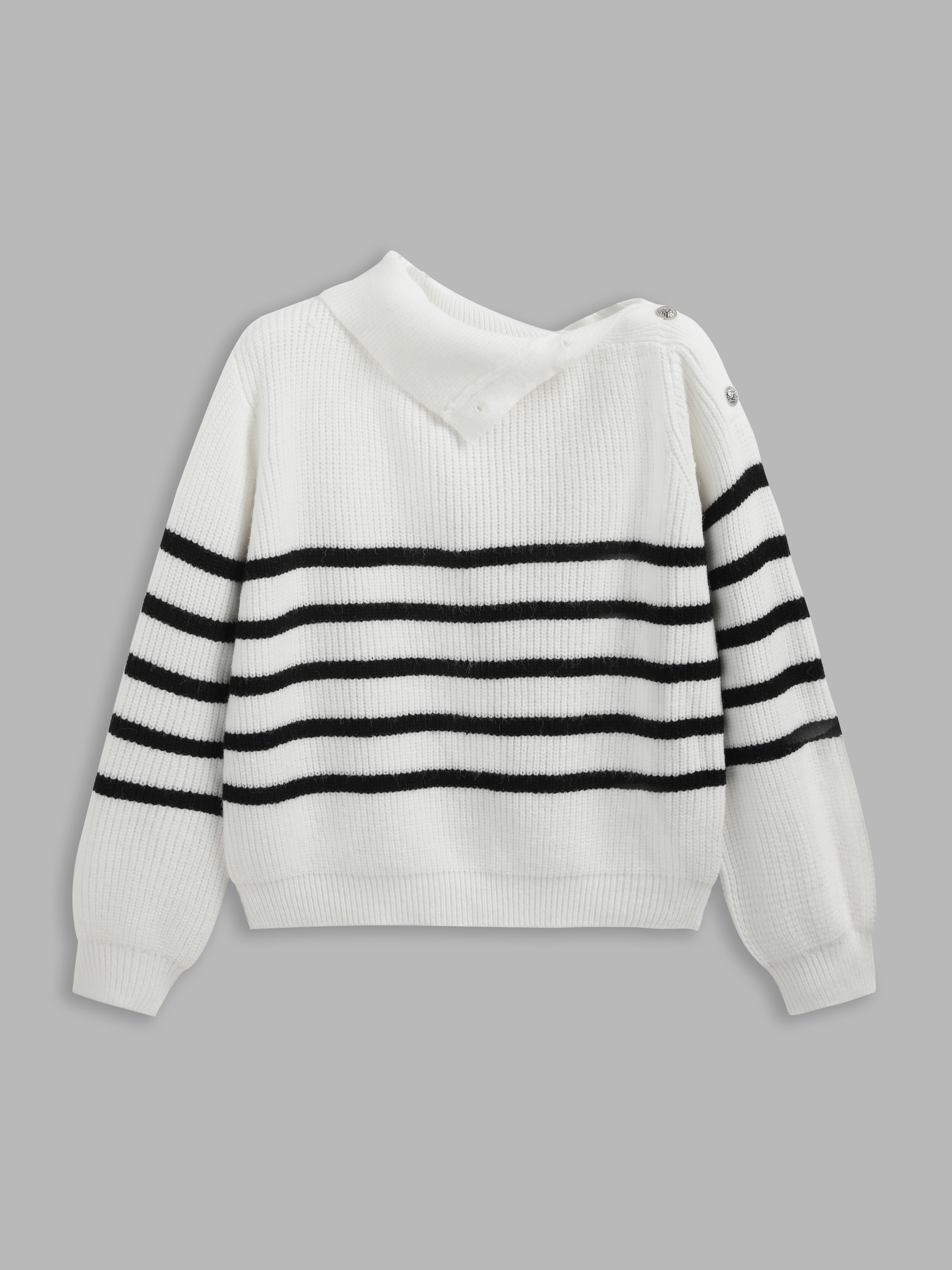 Curve & Plus High Neck Stripe Button Detail Sweater For School Daily Casual