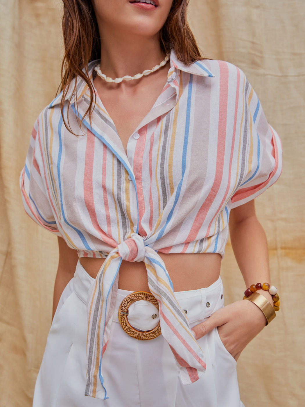 Striped Knotted Crop Blouse