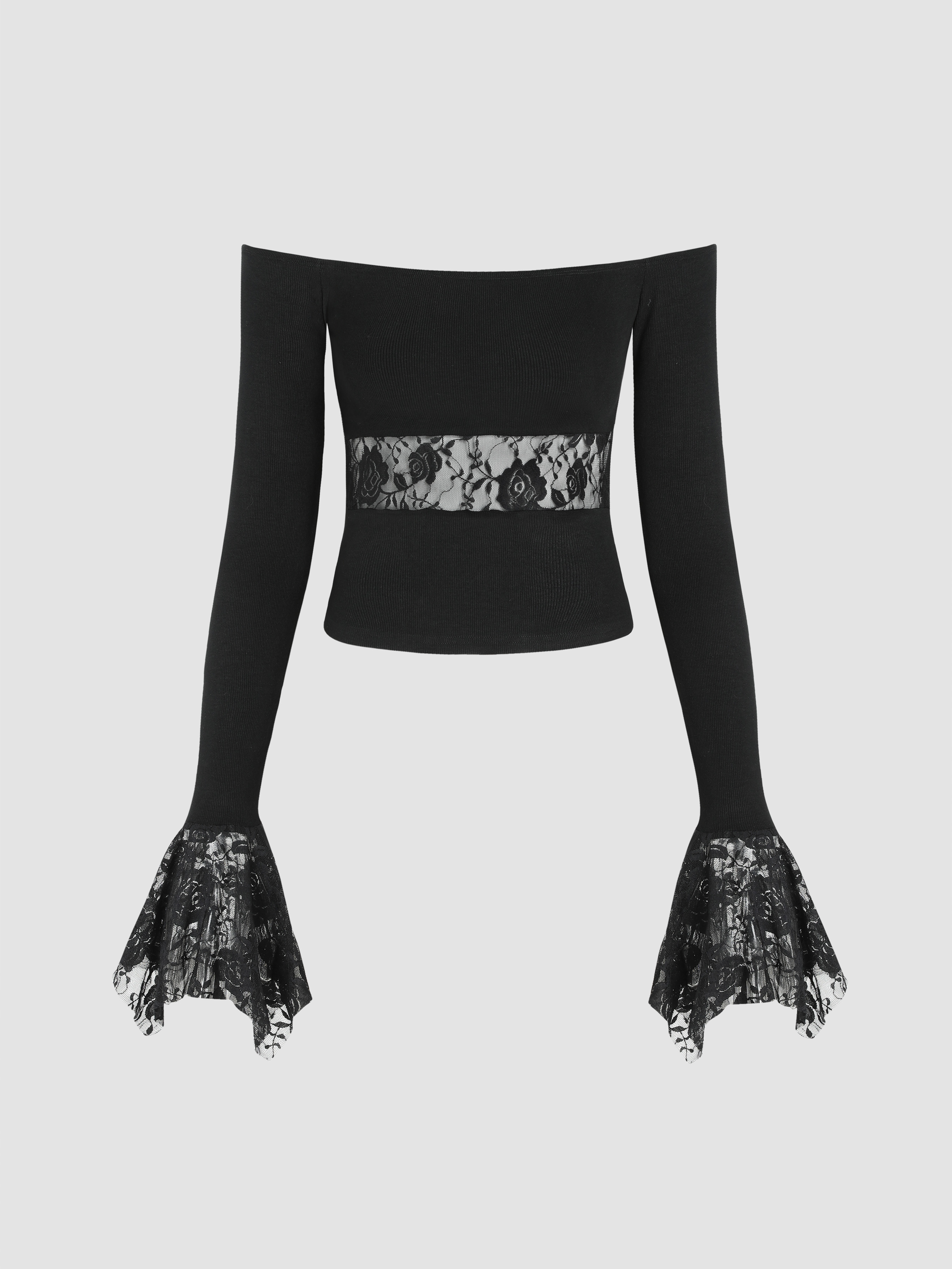 Floral Lace Bell Sleeve Crop Top - Cider