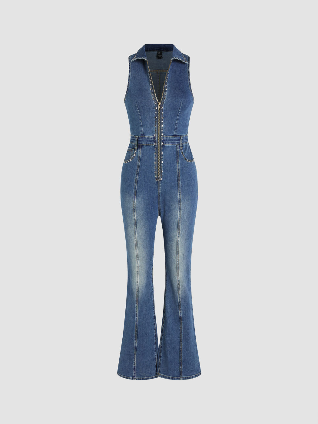 Jeans-Overall mit Reißverschluss und ausgestellten Perlen