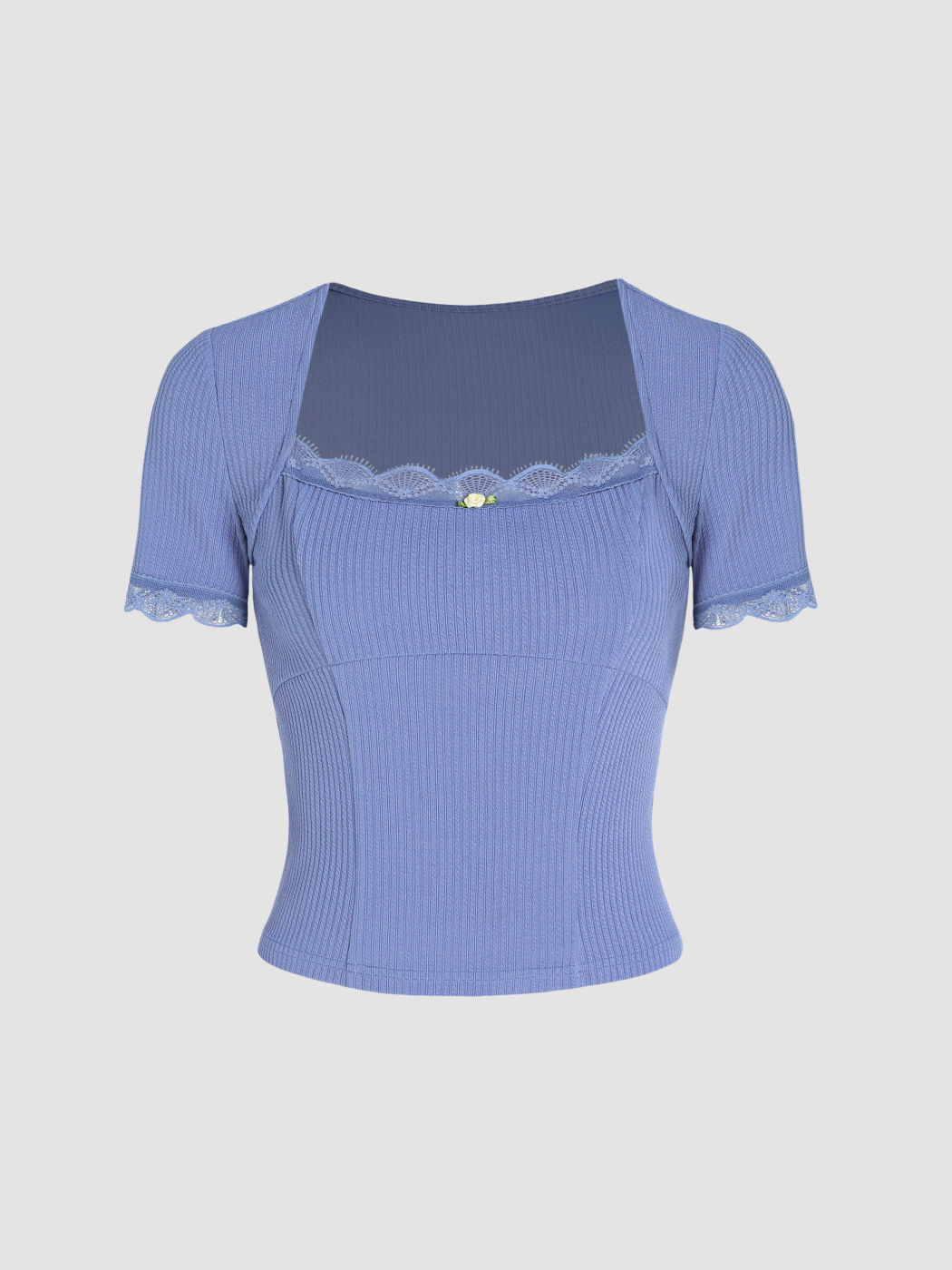 Einfarbiges T-Shirt mit Spitzenbesatz und eckigem Halsausschnitt
