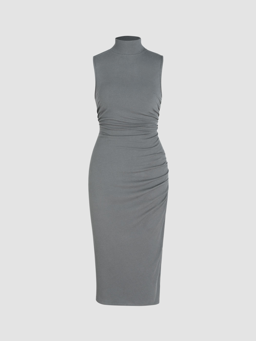 Einfarbiges, hochgeschlossenes, ärmelloses Midikleid mit Rüschen