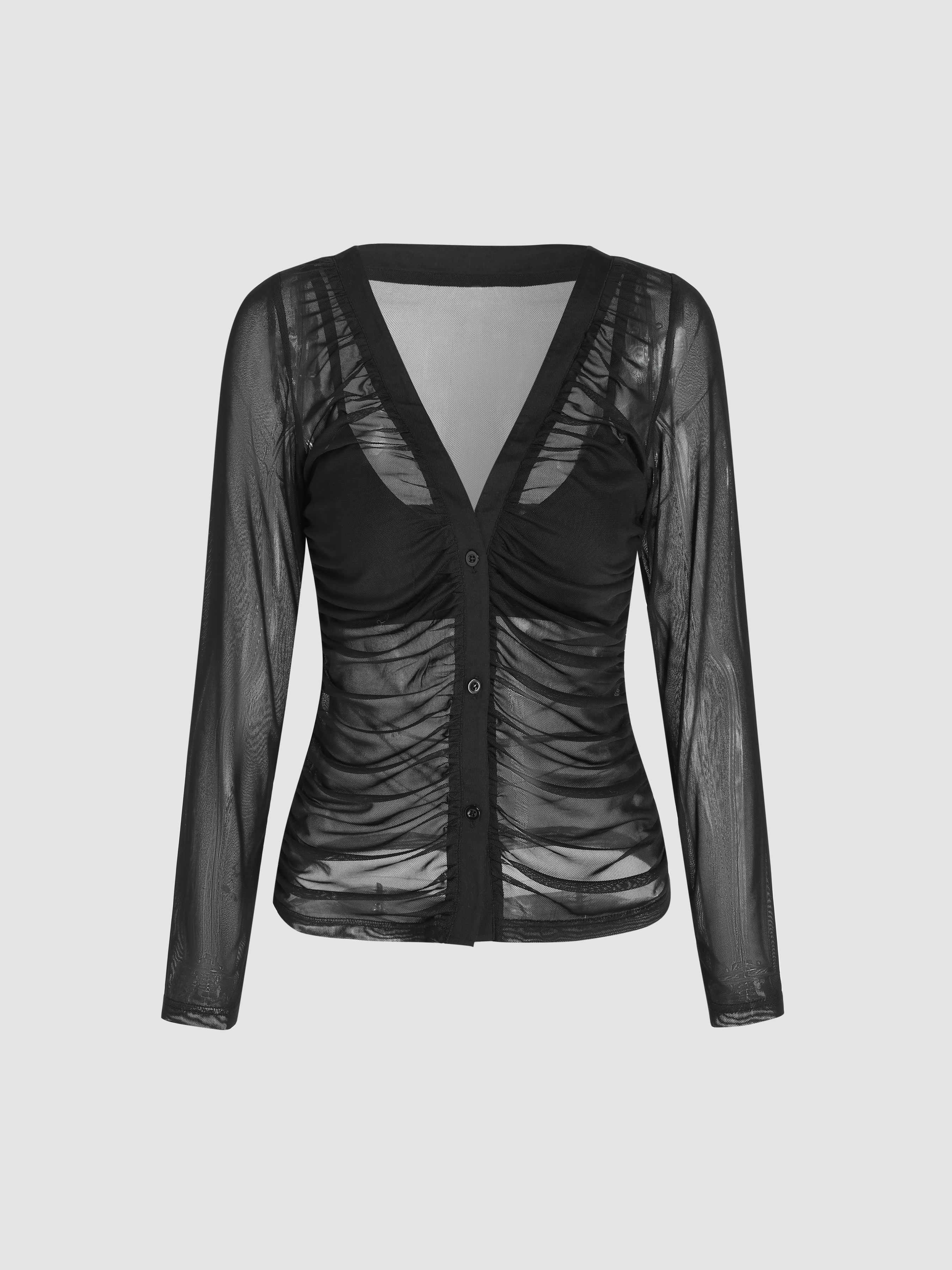 Mesh Jersey Solid Cami Crop Top & Mesh Long Sleeve Top For Daily Casual