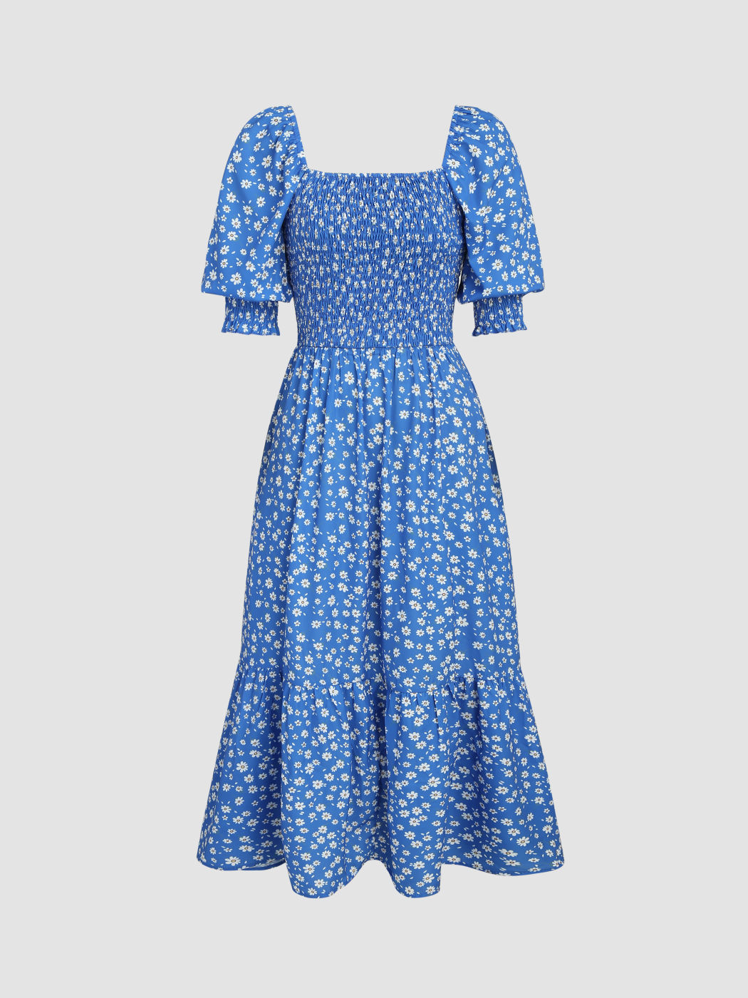 Floral Print Knotted Shoulder Smocked Maxi Dress