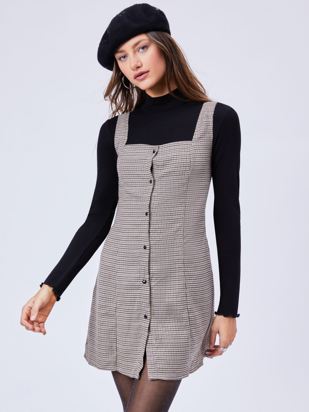 Houndstooth Square Neck Button Up Mini Dress