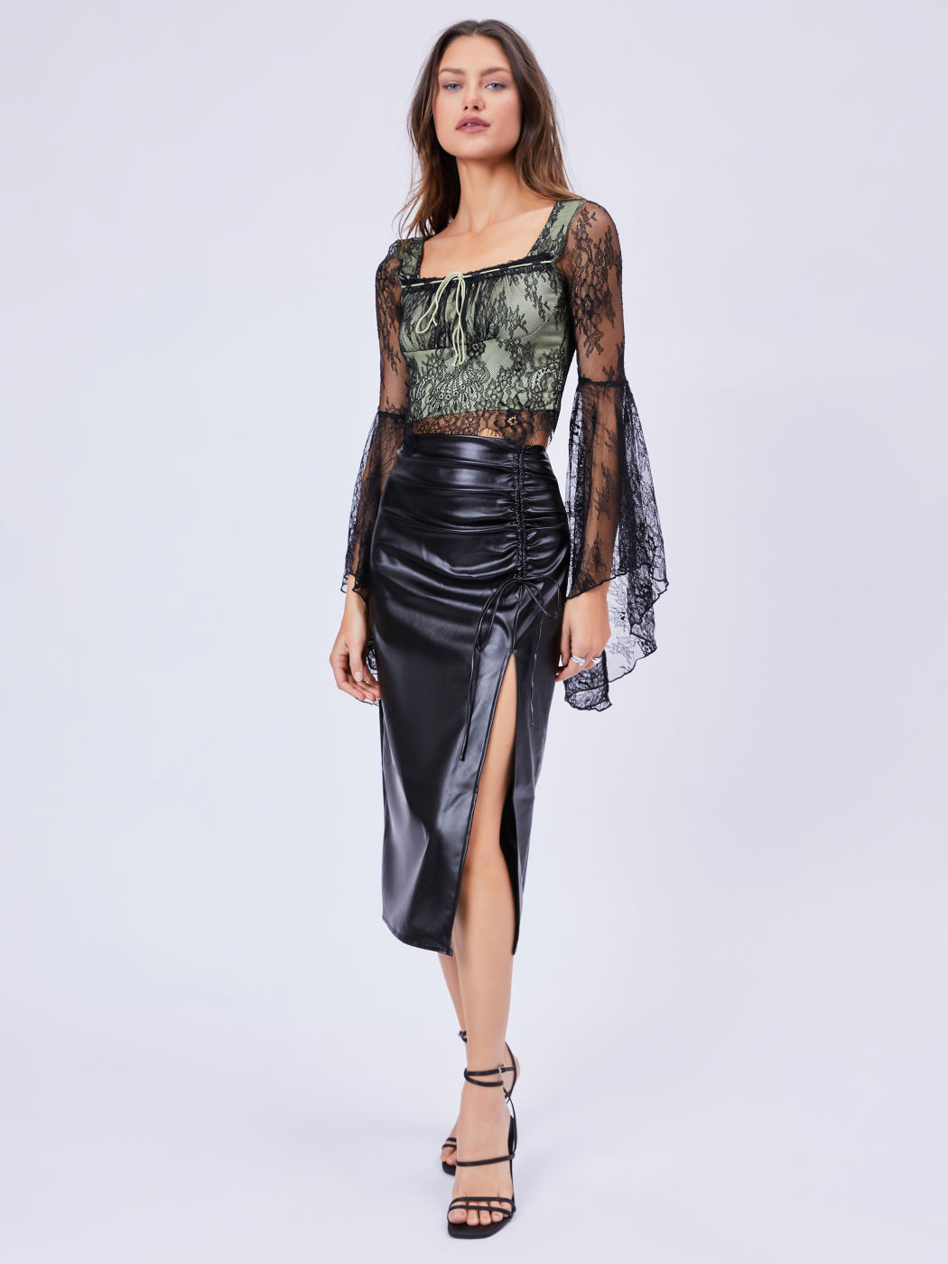 Faux-Leder Maxi-Split-Skirt mit Hochbund und Zuglasche