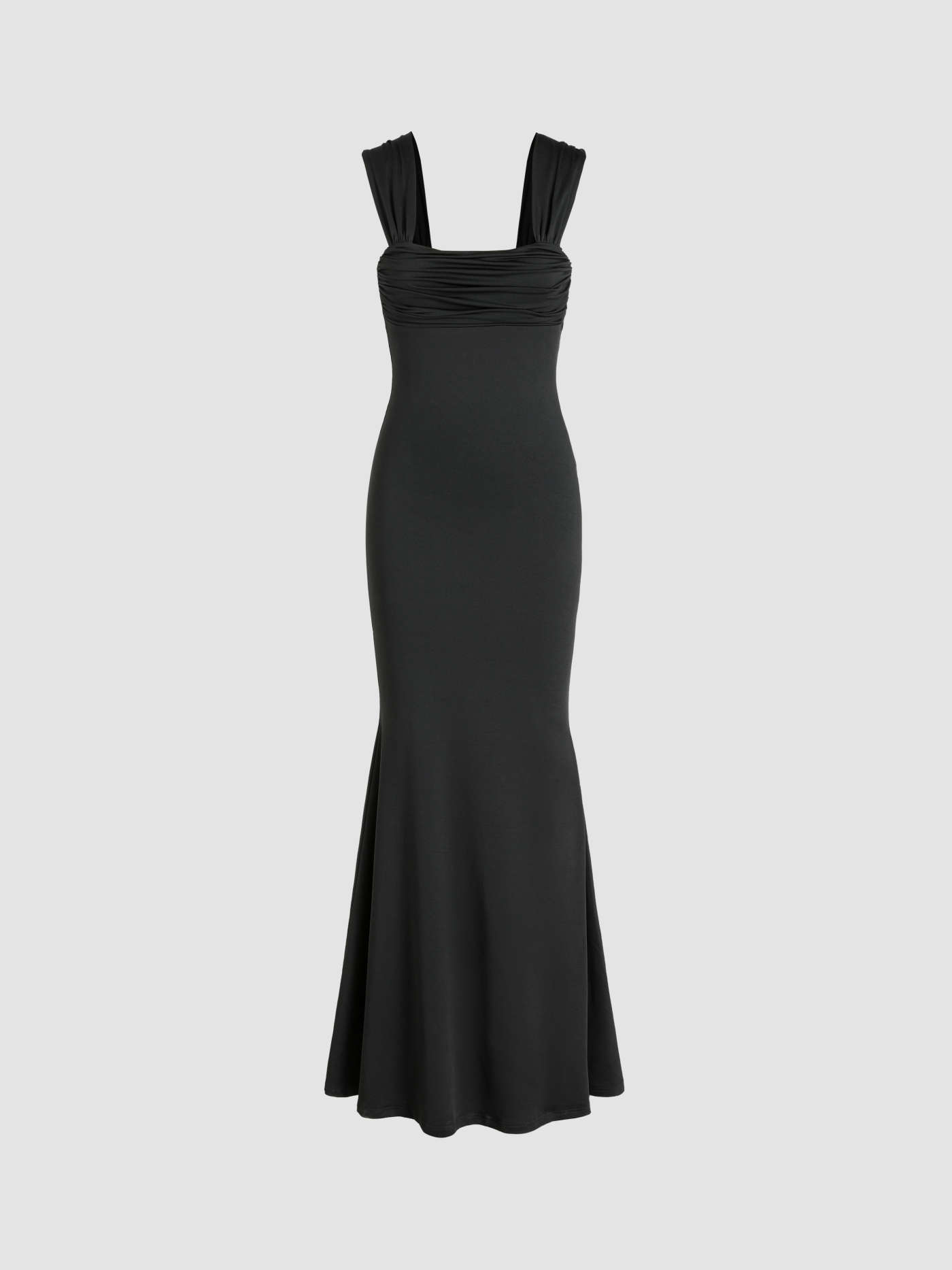 Solid Ruched U-neckline Ruffle Maxi Dress