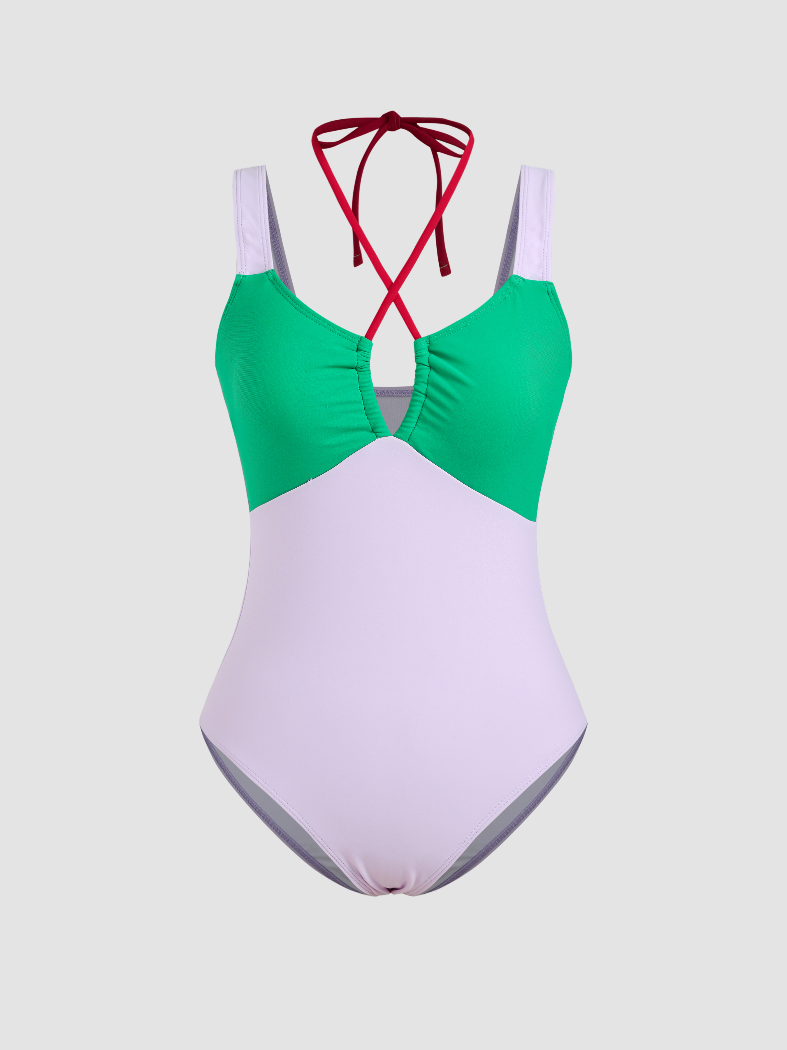 Two Tone Solid Halter One Piece Swimsuit For Vacation Swimming Pool Beach