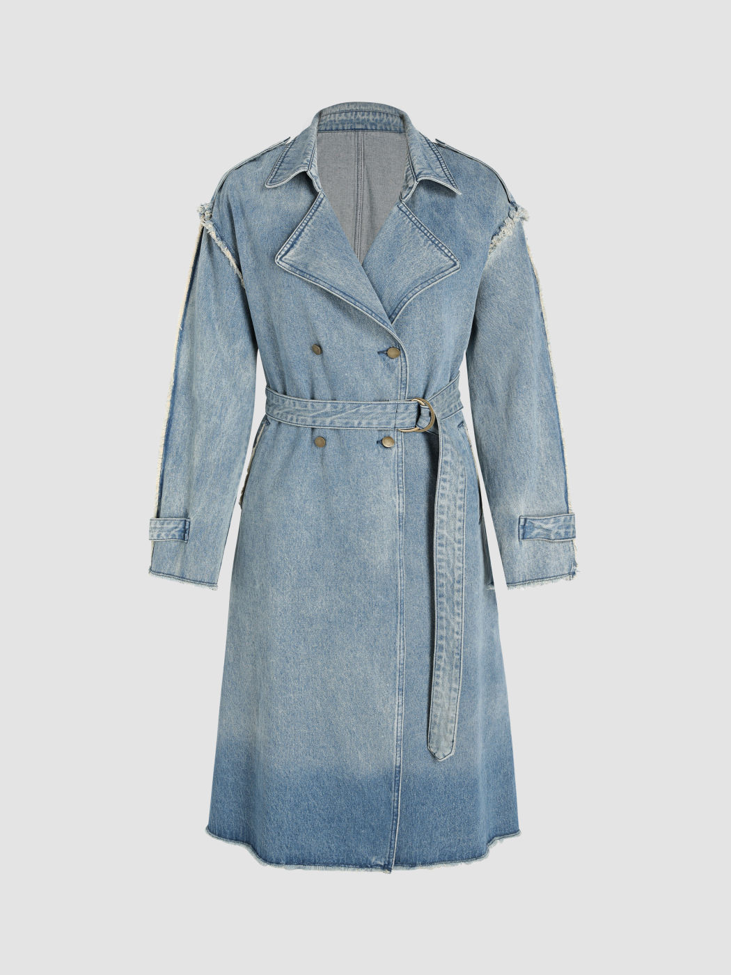Lange Jacke mit Jeanskragen und Gürtel