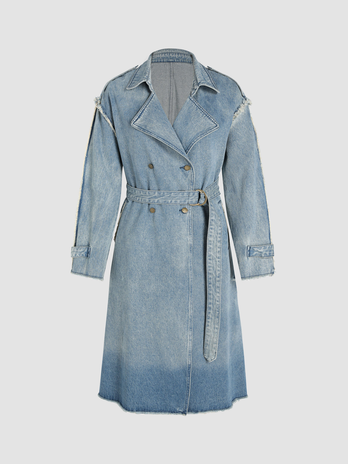 Giacca lunga con cintura e colletto in denim