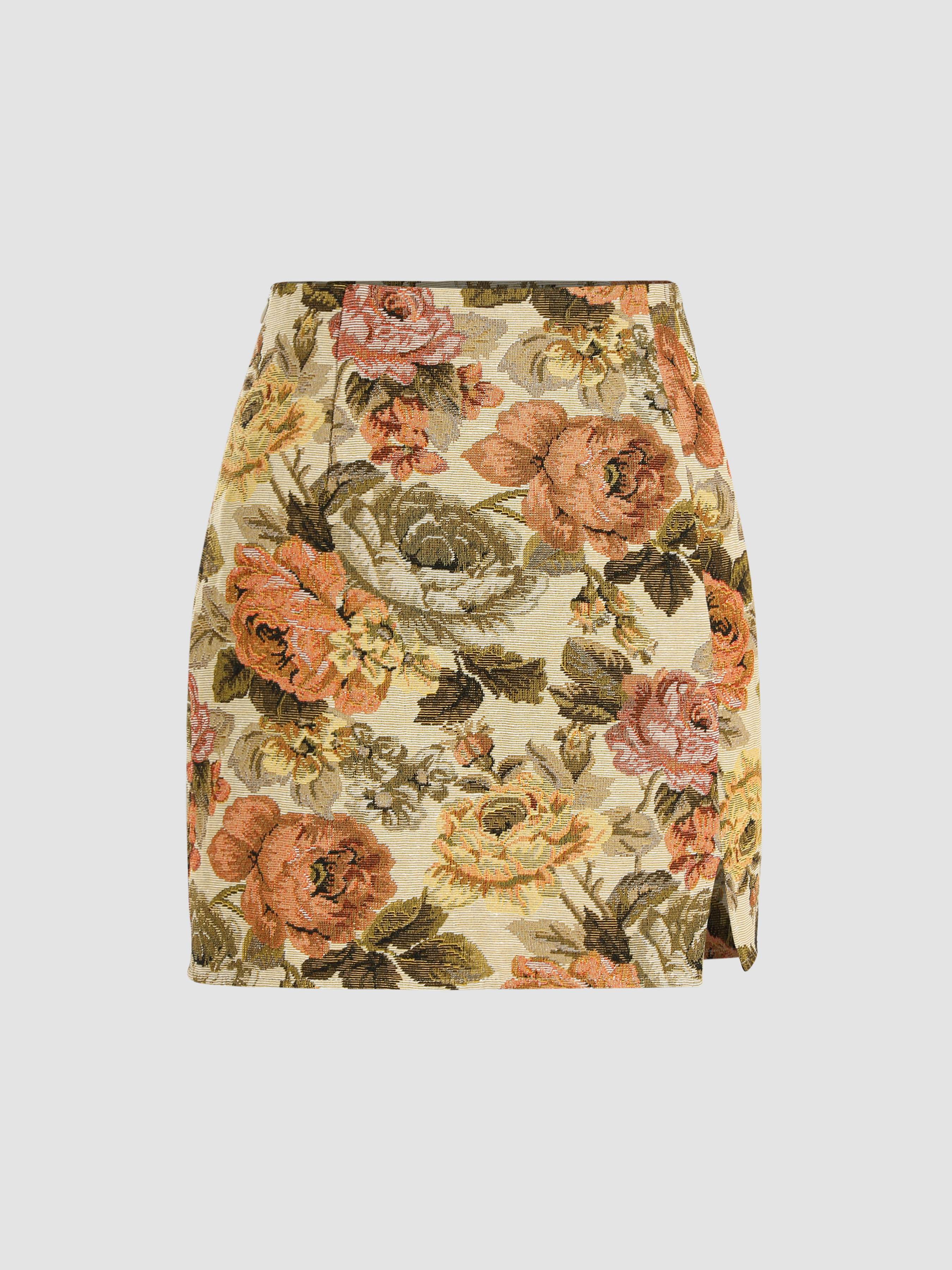 Jacquard Floral Mid Waist Mini Skirt - Cider