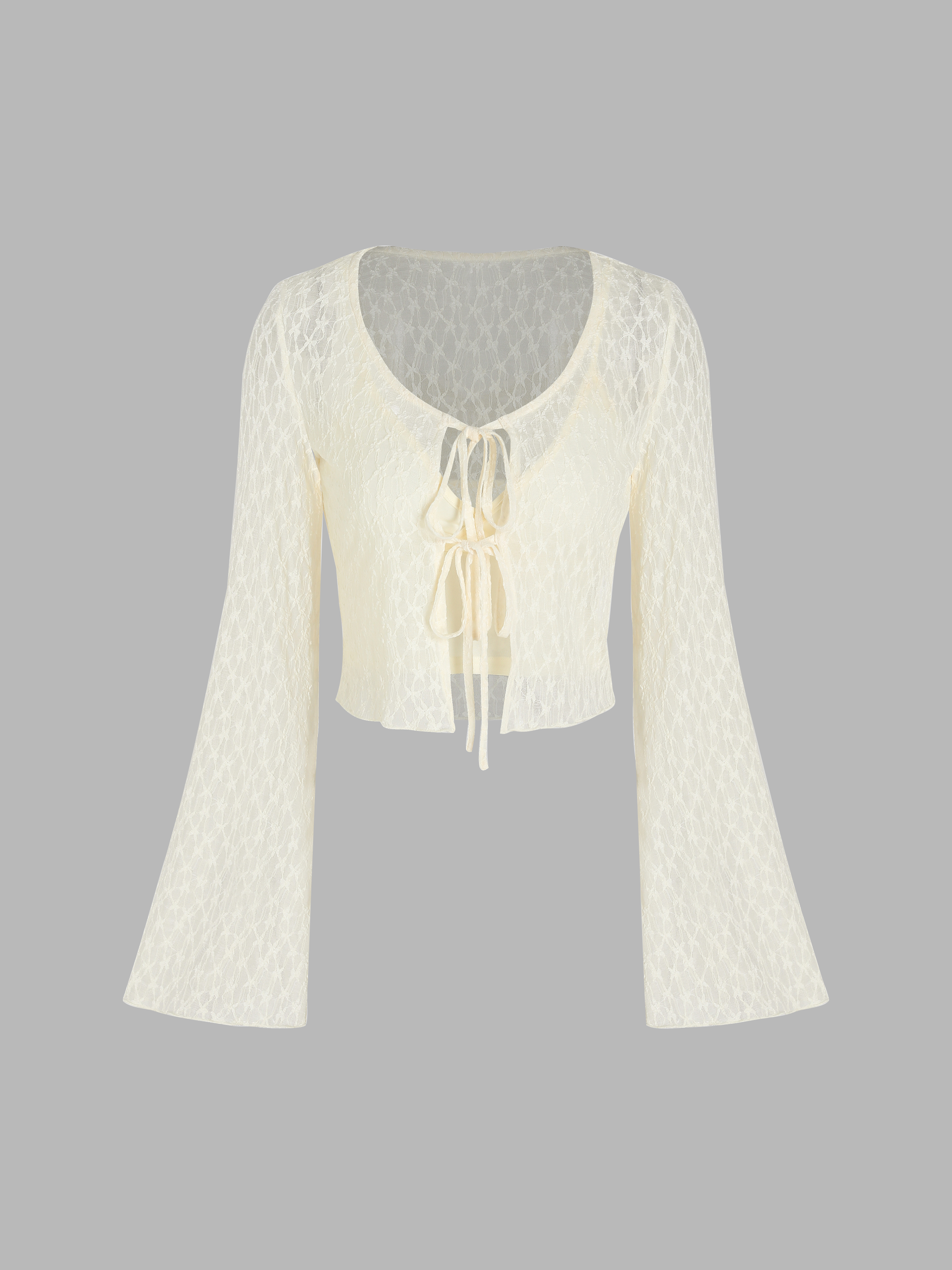 Solid Cami Crop Top & Bell Sleeve Lace Up Blouse - Cider