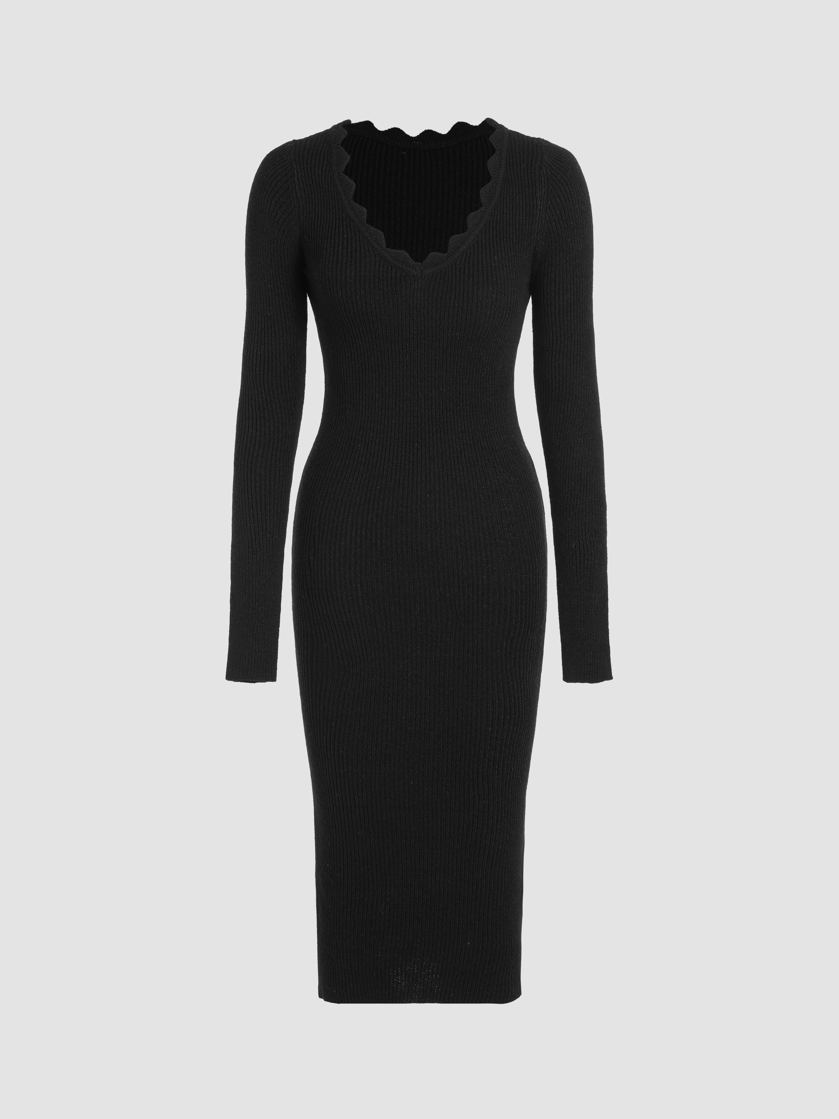 Knit Vneck Long Sleeve Bodycon Midi Dress Cider