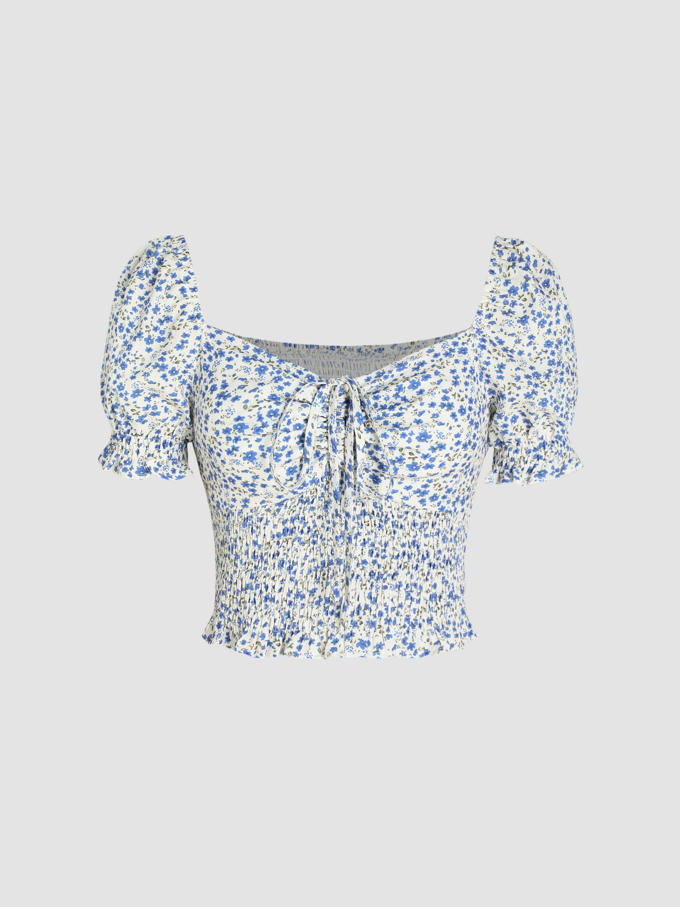 Ditsy Floral Puff Sleeve Shirred Crop Top - Cider