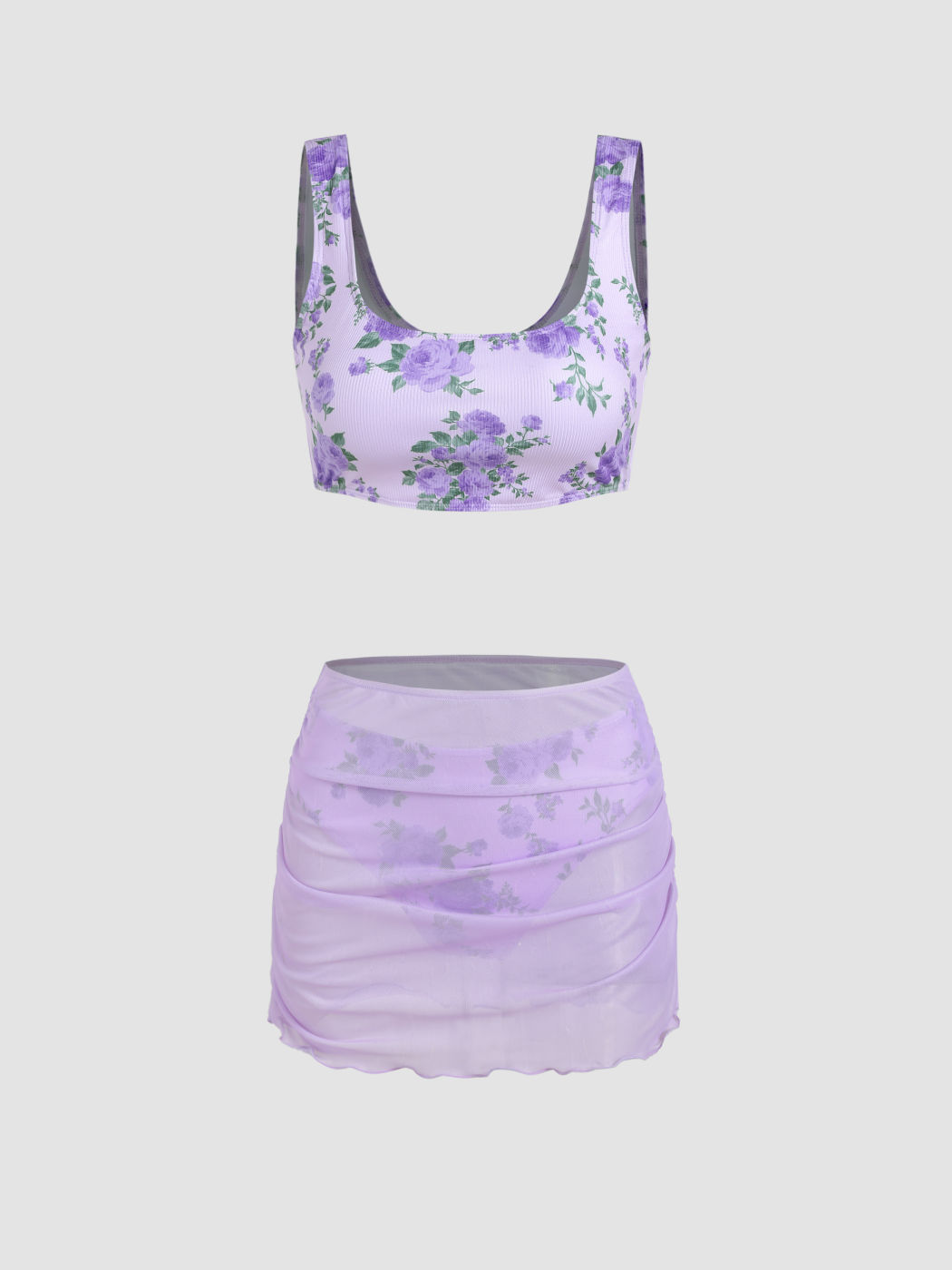 3pack Floral Uneckline Bikini Swimsuit & Cover Up Skirt For Vacation